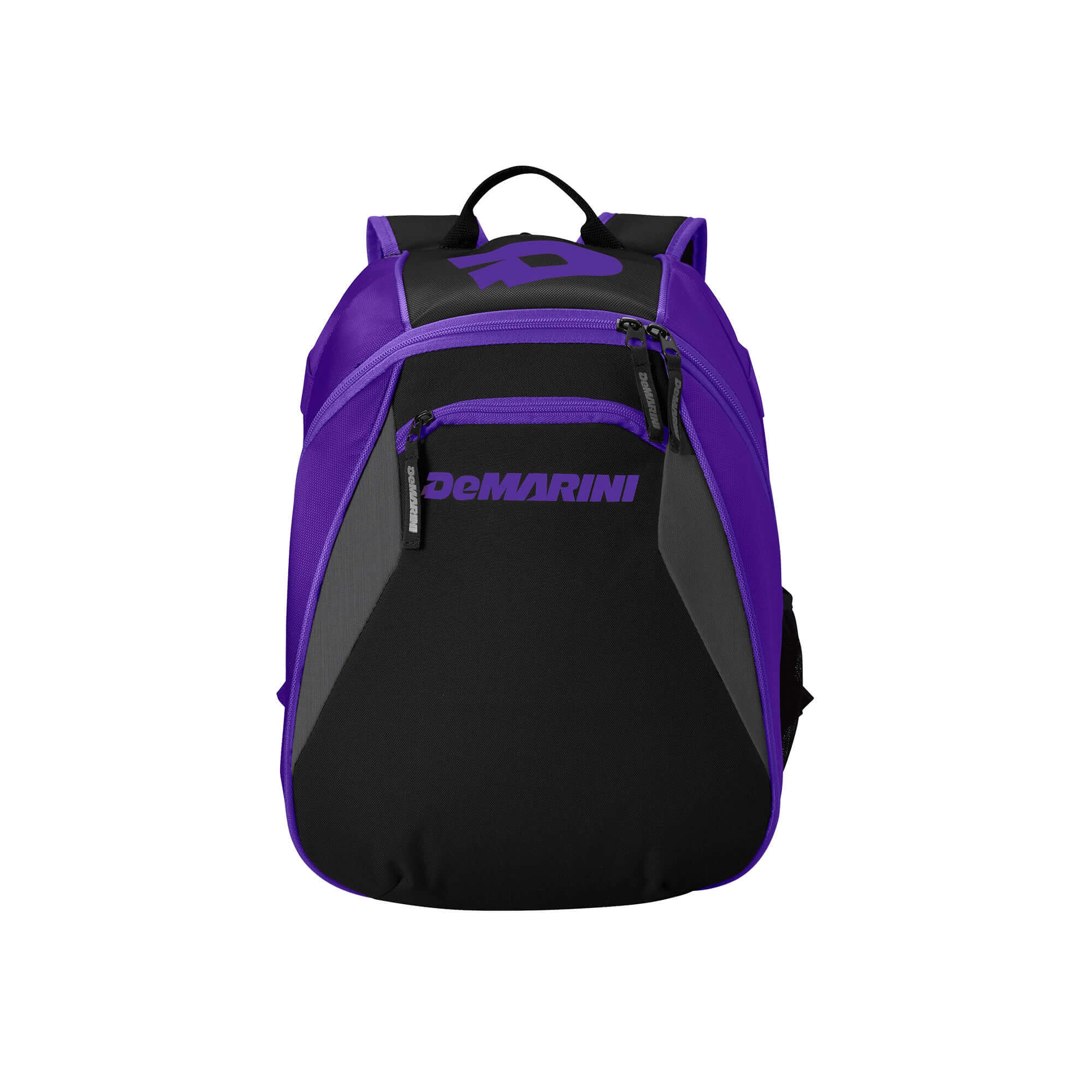DeMarini Voodoo Junior Backpack for young athletes, black with white logo, large main compartment, mesh bat sleeves.