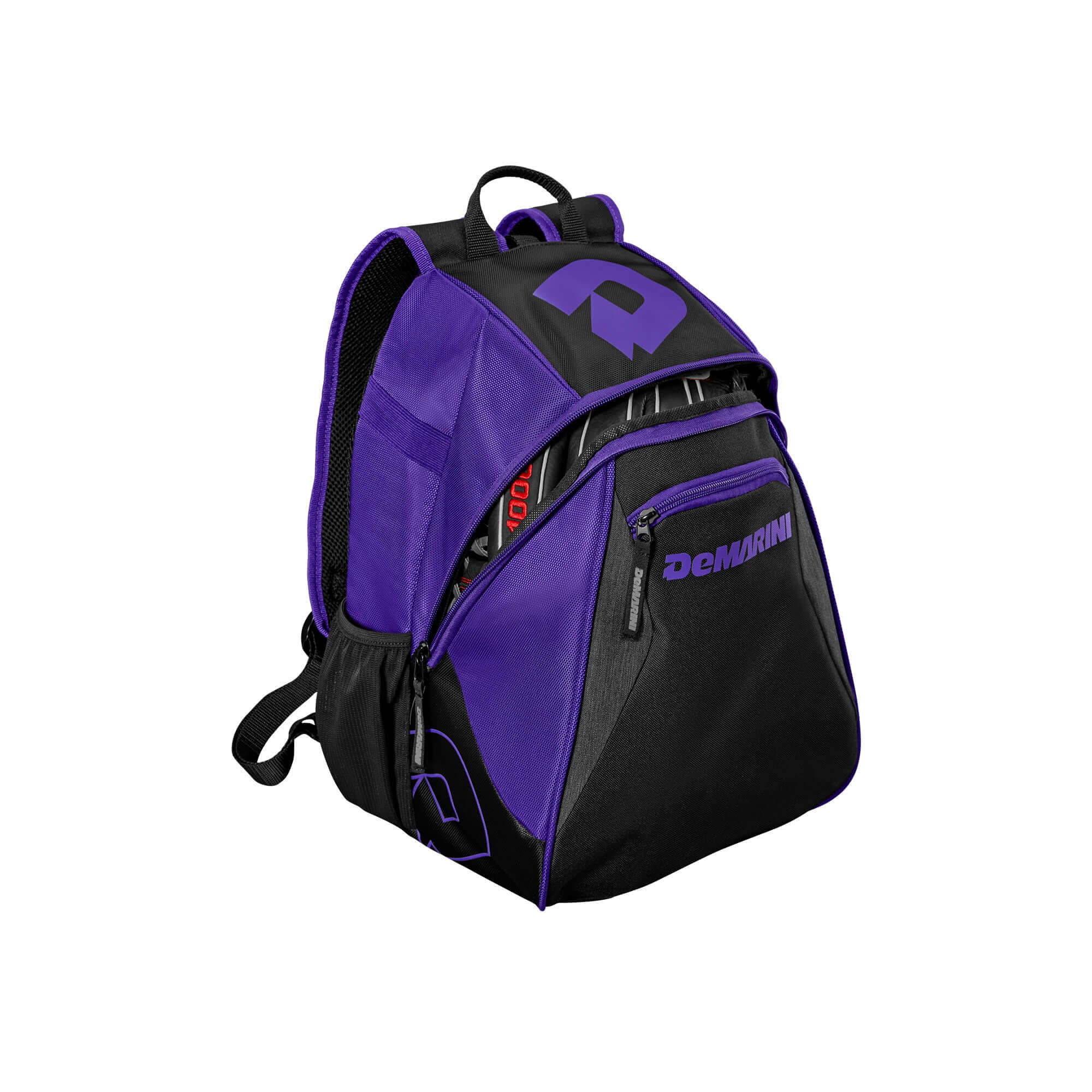 DeMarini Voodoo Junior Backpack for young athletes, black with white logo, large main compartment, mesh bat sleeves.