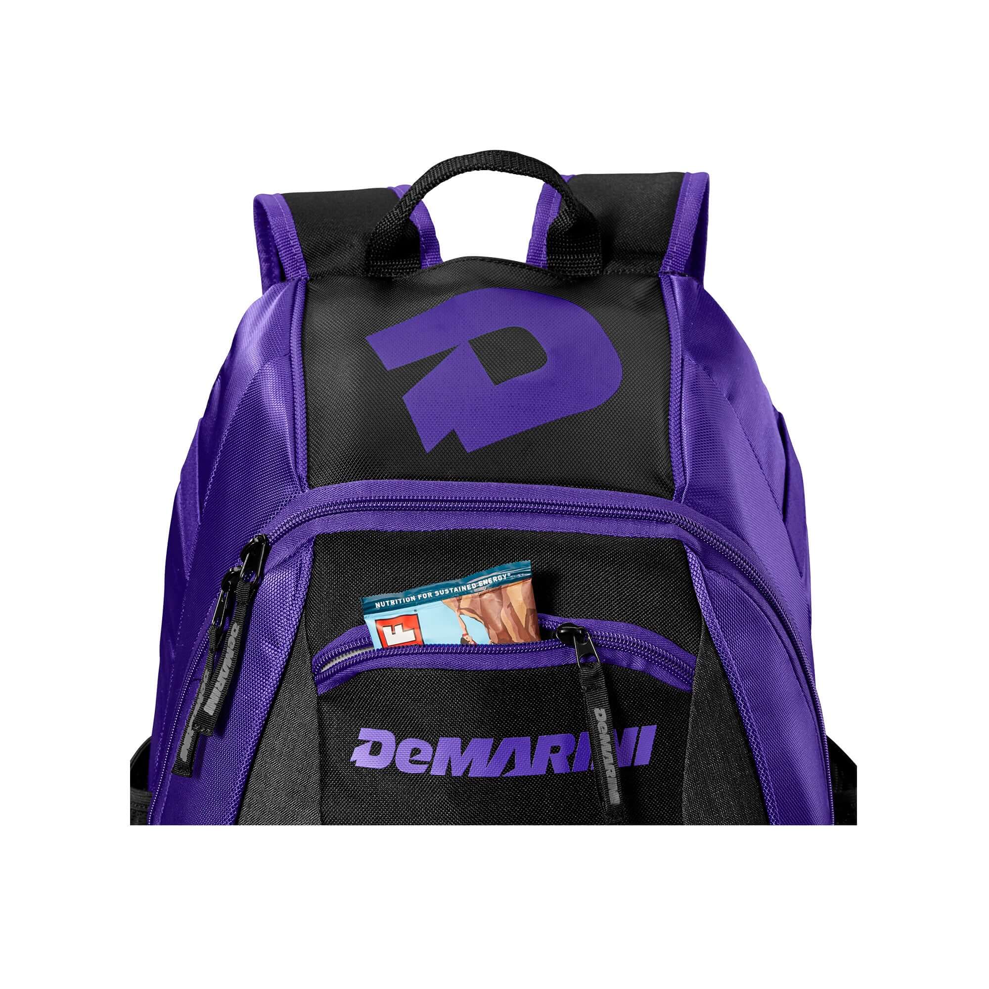 DeMarini Voodoo Junior Backpack for young athletes, black with white logo, large main compartment, mesh bat sleeves.