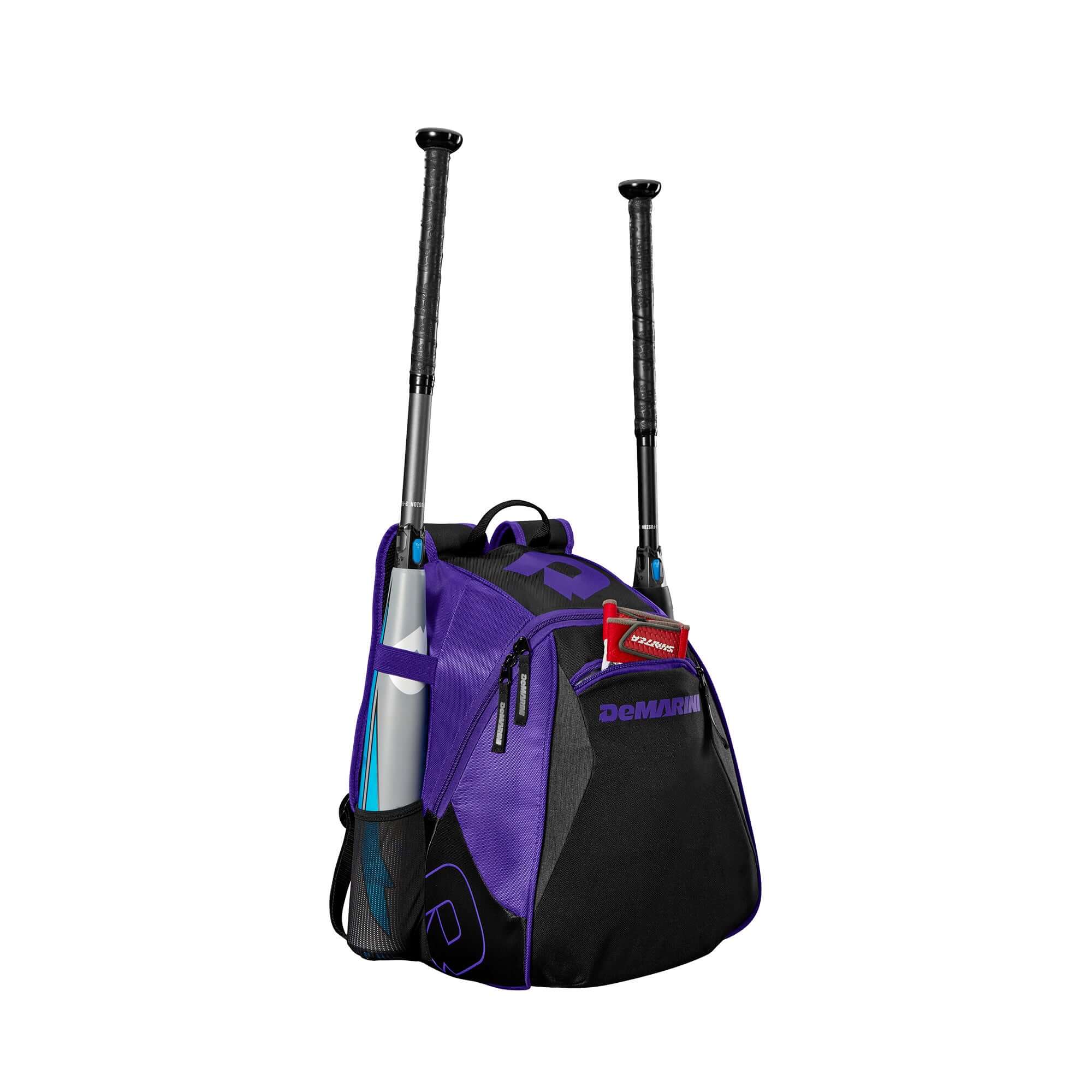 DeMarini Voodoo Junior Backpack for young athletes, black with white logo, large main compartment, mesh bat sleeves.