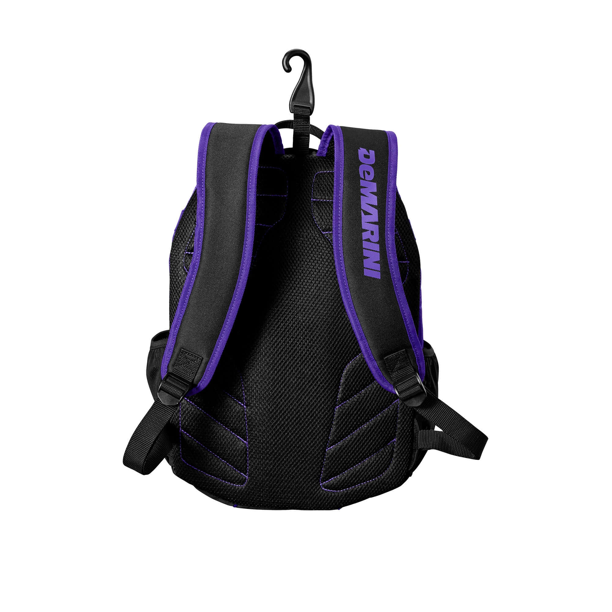 DeMarini Voodoo Junior Backpack for young athletes, black with white logo, large main compartment, mesh bat sleeves.