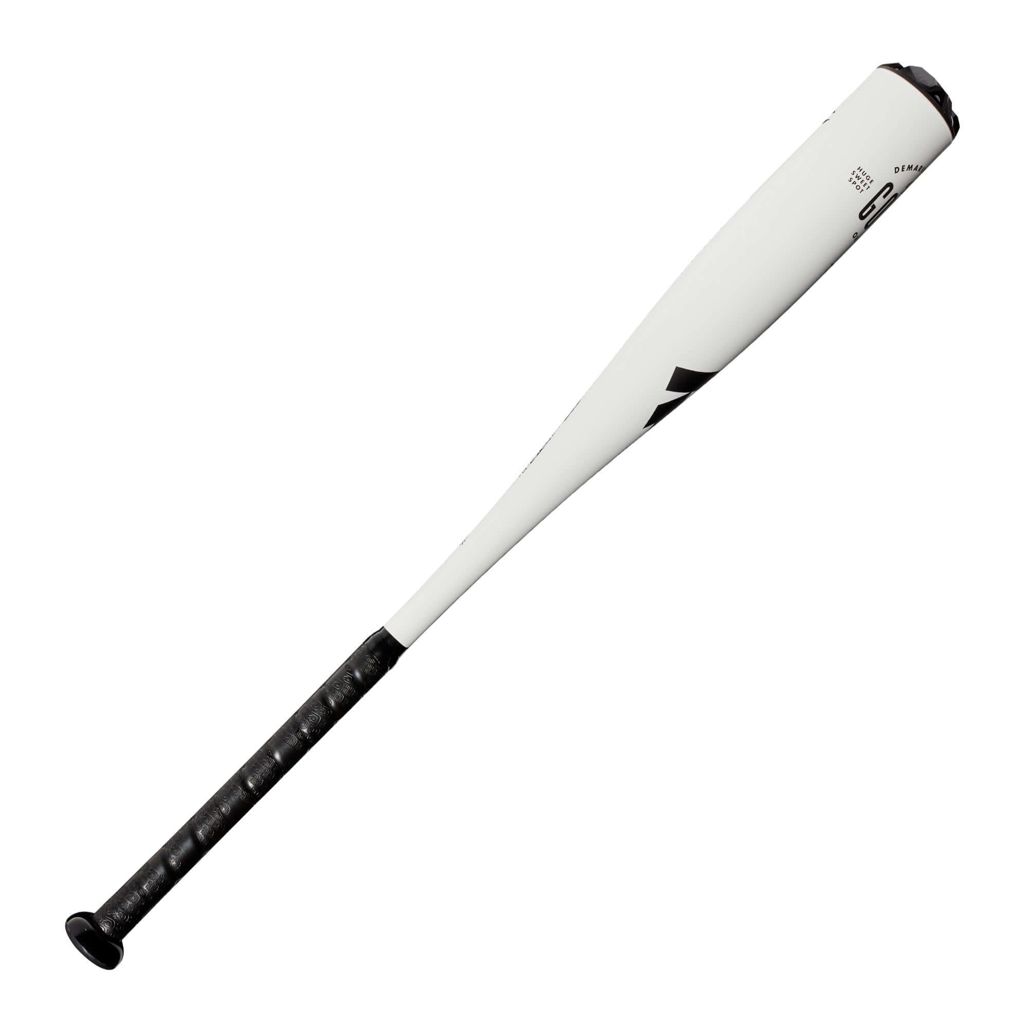 DeMarini The Goods One Piece USSSA -10 baseball bat in white with black grip and barrel design.