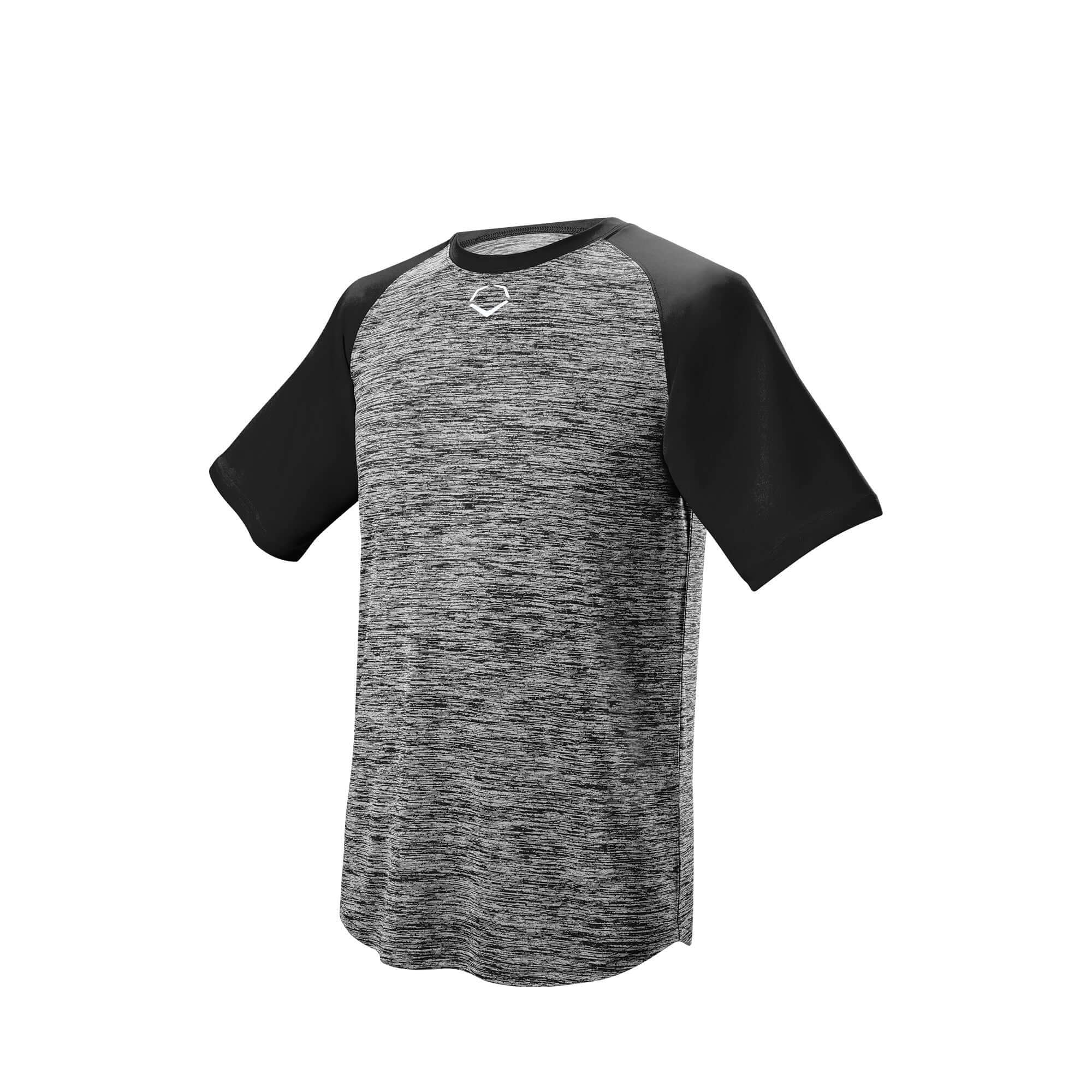 Evoshield Adult E304 Performance Pullover Tech Tee in black and gray, lightweight breathable fabric, athletic fit design.