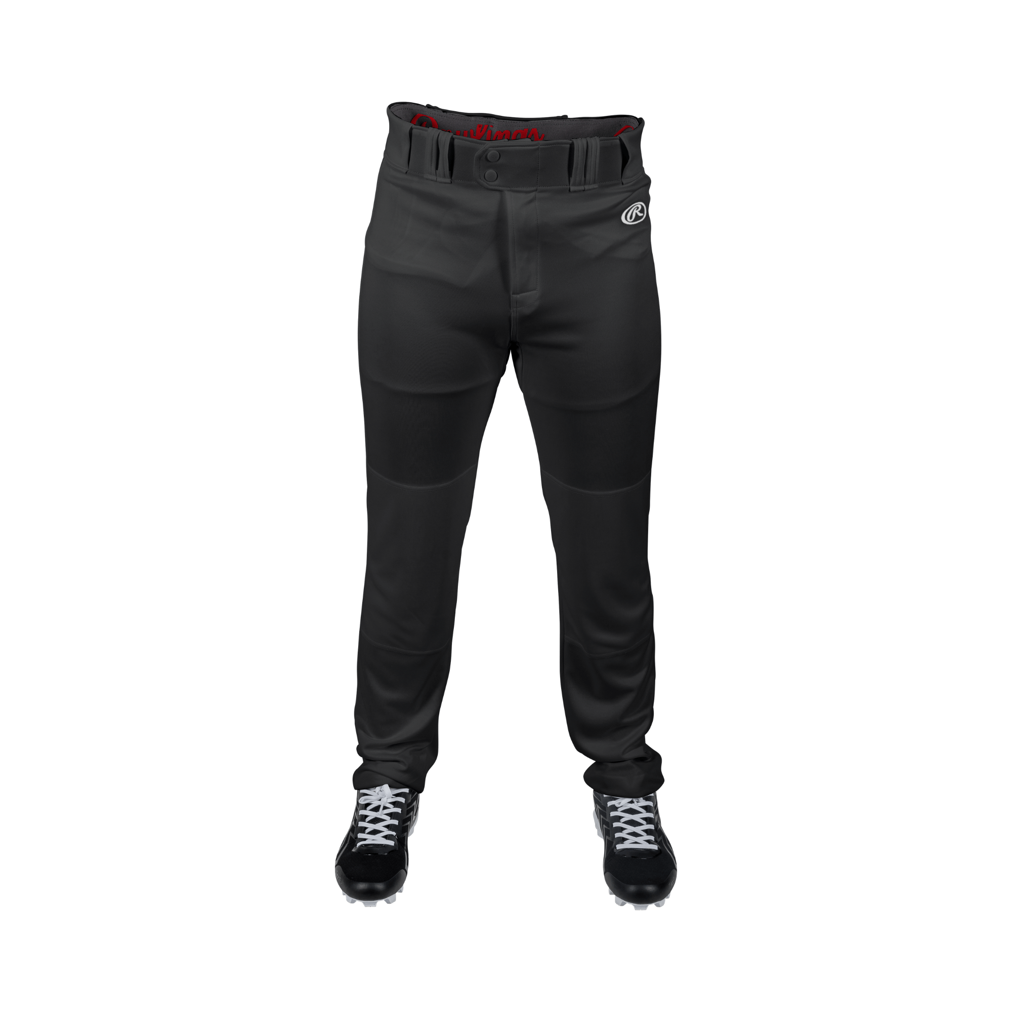 Front view of black Rawlings Youth Launch Pant with belt loops and logo on hip.