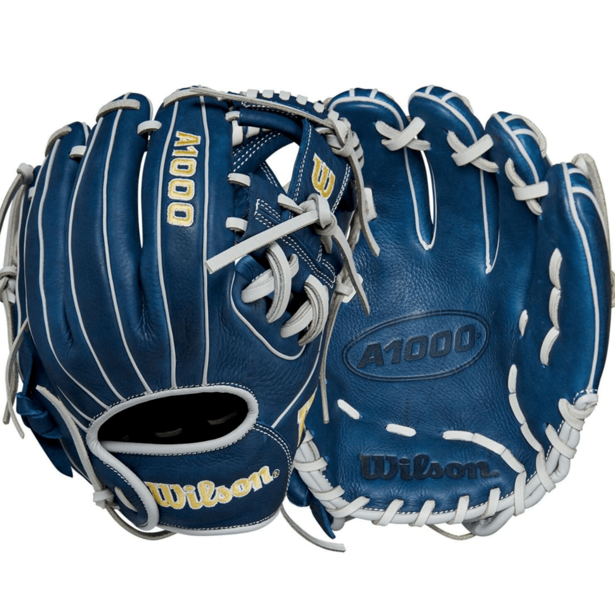 Wilson A1000 DP15 11.5” infield baseball glove in navy leather with white accents, designed for travel ball players.