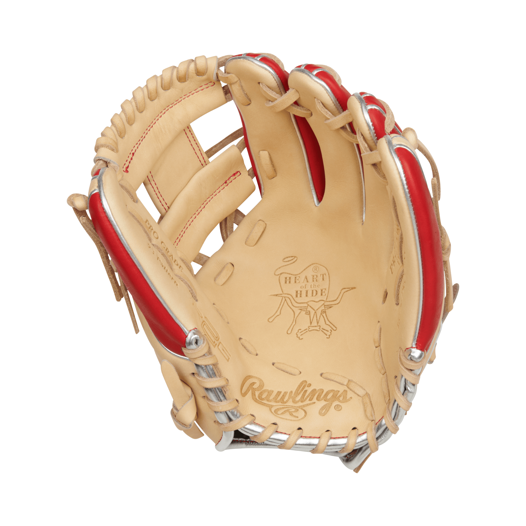 Rawlings R2G Heart Of The Hide 11.5-inch infield baseball glove in camel and scarlet colors.