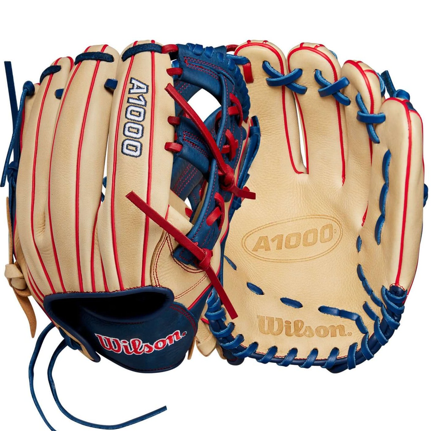 Wilson 2024 A1000 1912 Infield Baseball Glove in Blonde, Navy, and Red, 12 inches with Cross Web design.