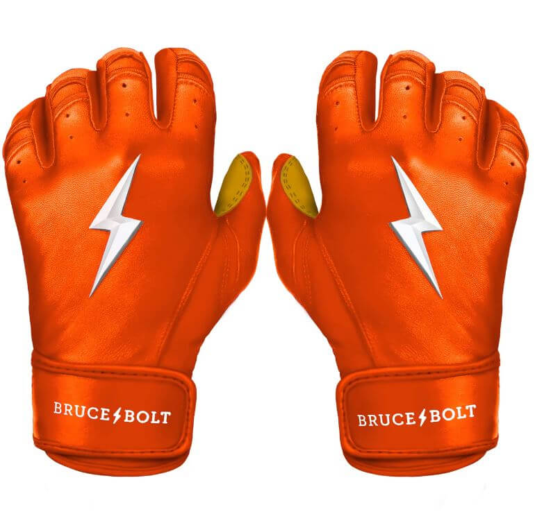 Bruce Bolt Youth Premium Pro Short Cuff Batting Gloves in orange with lightning bolt logo for superior fit and performance.