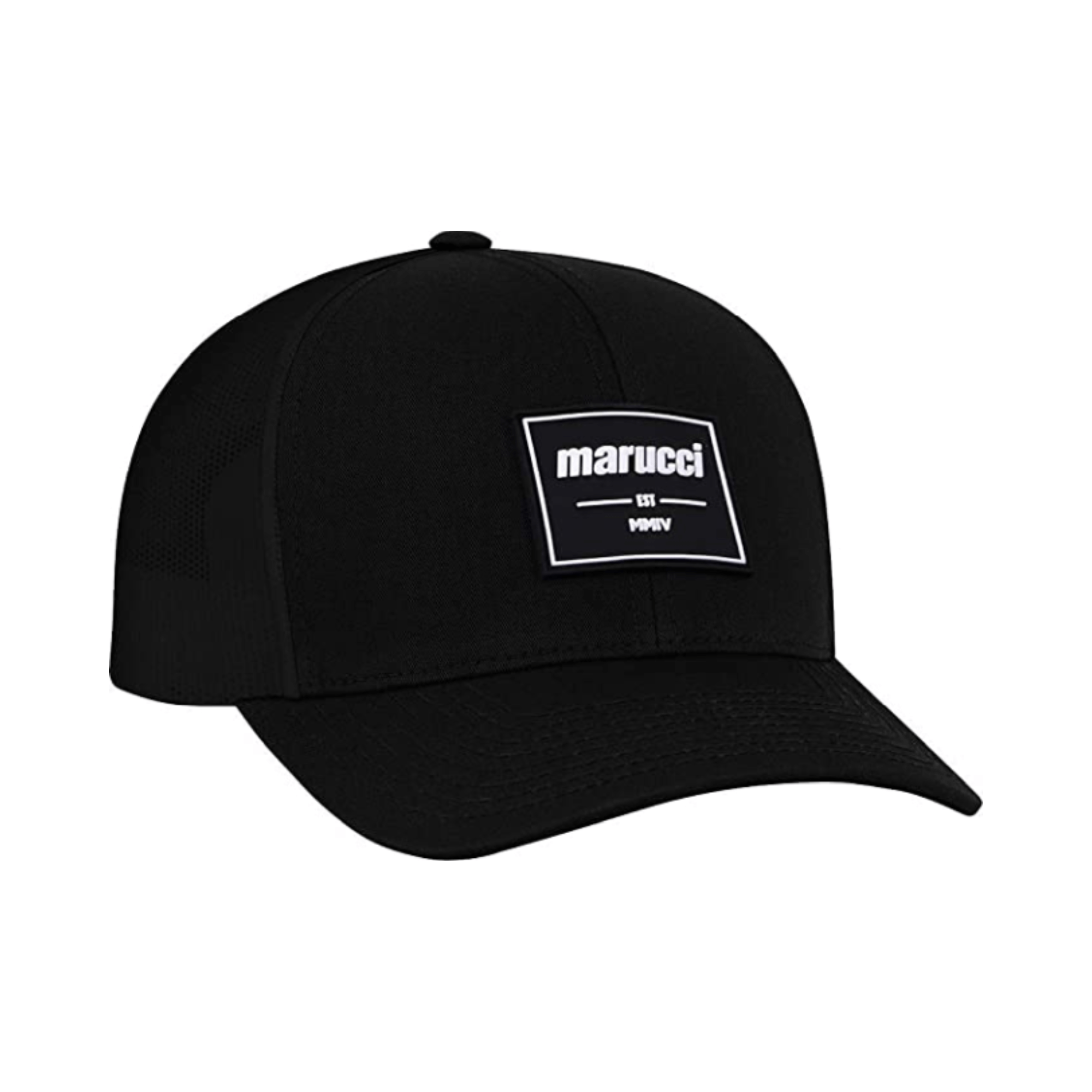 Marucci Est. 2004 Velcro Hat Black with rubber stamp patch, structured crown, and trucker mesh back