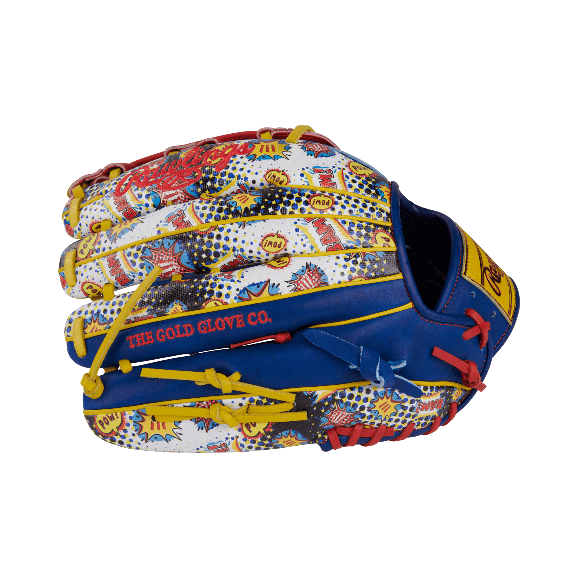 Right side and finger view of the Rawlings ColorSync 9.0 highlighting the 3039 pattern and UV printed details for enhanced playing flair.