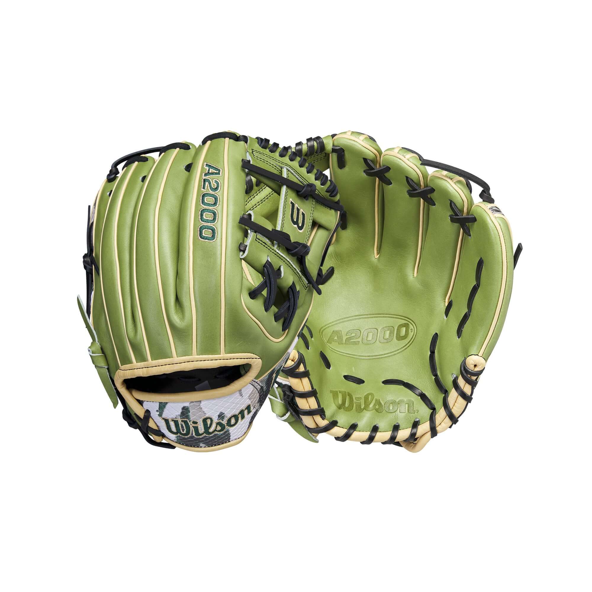 Wilson A2000 GOTM November 2023 glove in Olive Green with camo accents, 11.75” H-Web design, showcasing durability and style.