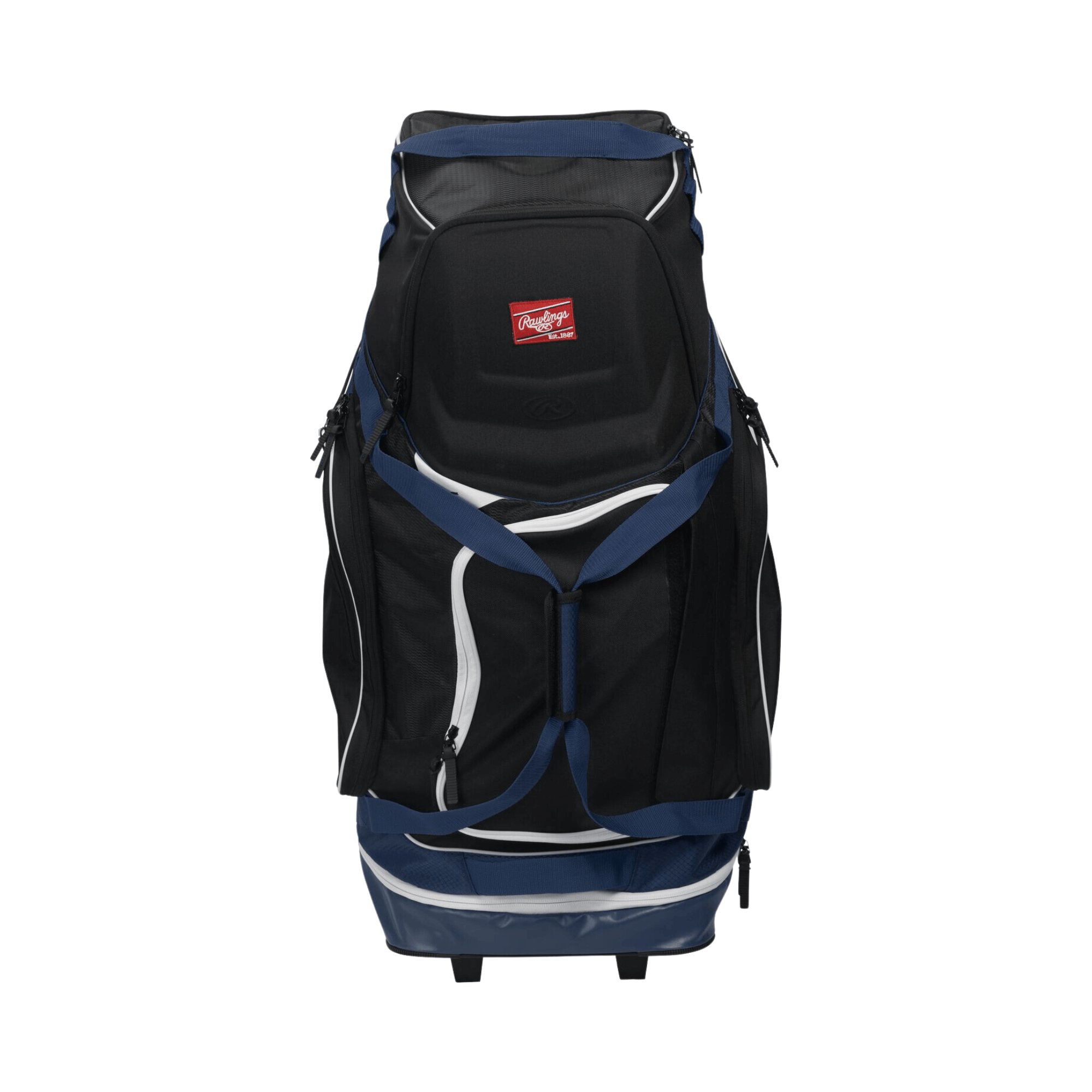 Trosky Rawlings R1502 wheeled equipment bag in navy, designed for carrying catcher's gear and bats, featuring durable wheels.
