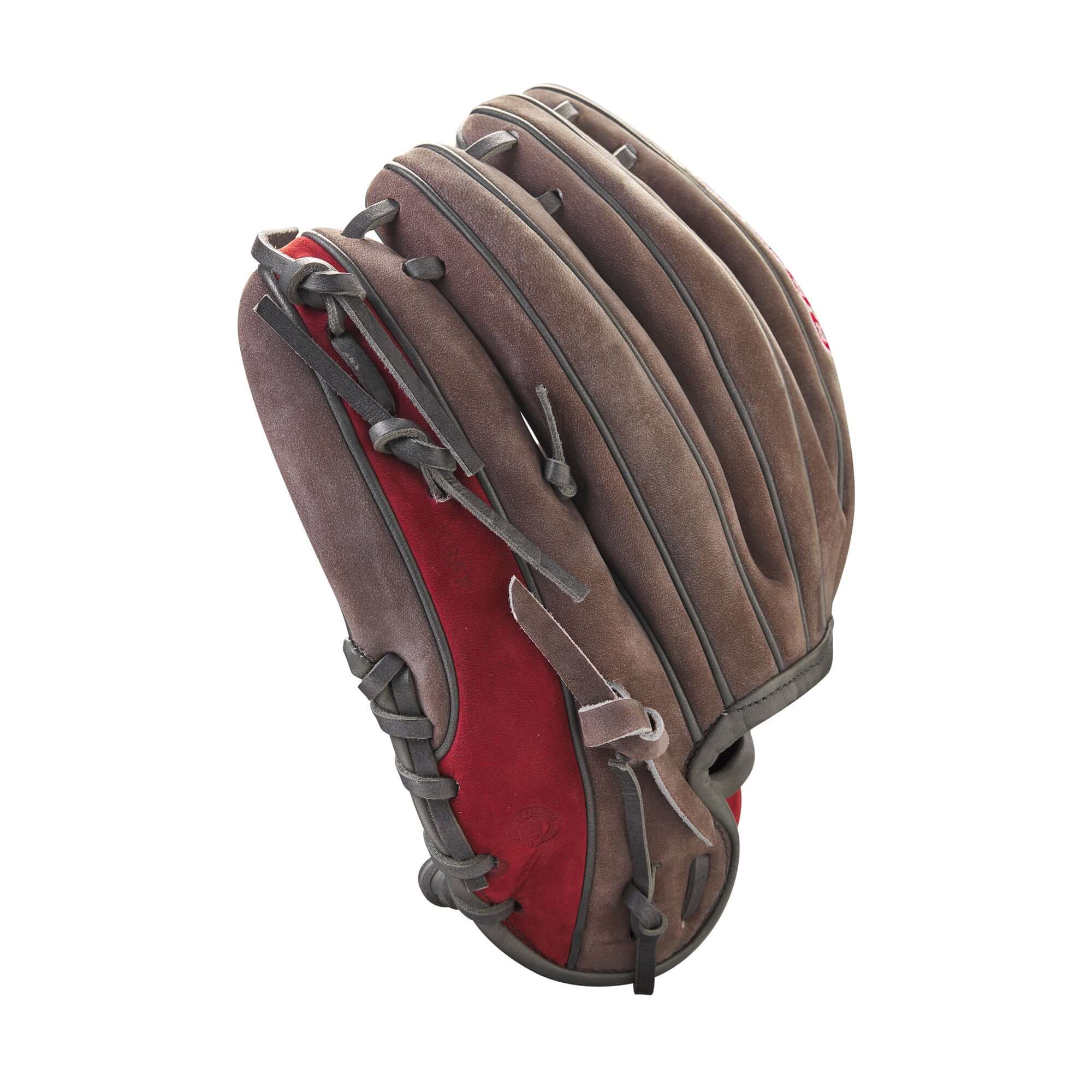 Wilson A2000 December 2023 GOTM glove in Coal and Red Pro Stock leather, featuring Pedroia Fit and H-Web design.