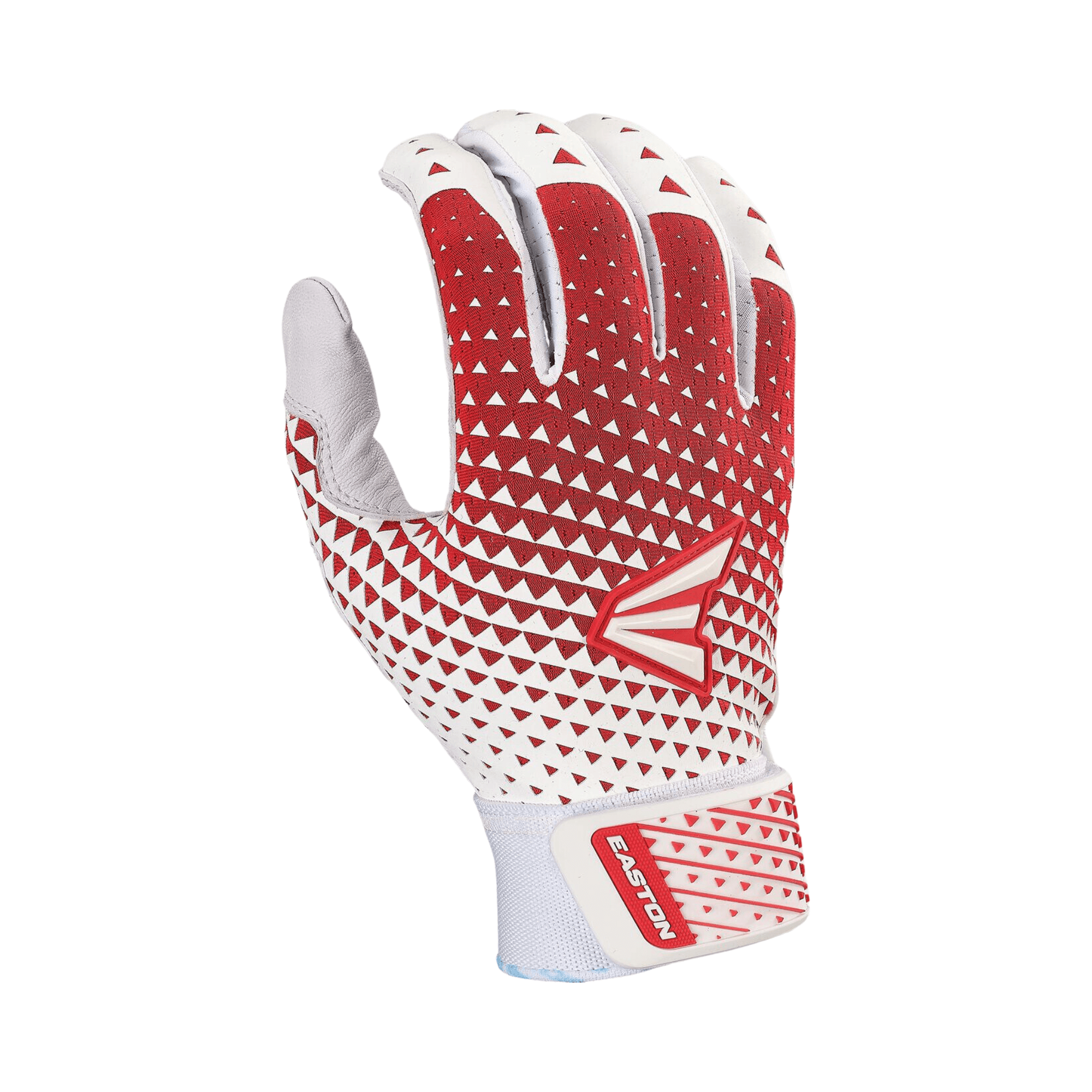 Easton Women's Ghost NX fastpitch batting glove in white and red with geometric design and goatskin leather palm.