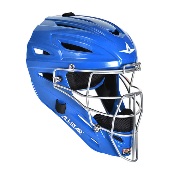 All-Star S7 Catching Helmet with I-BAR Vision steel cage and high impact ABS shell for adult catchers.