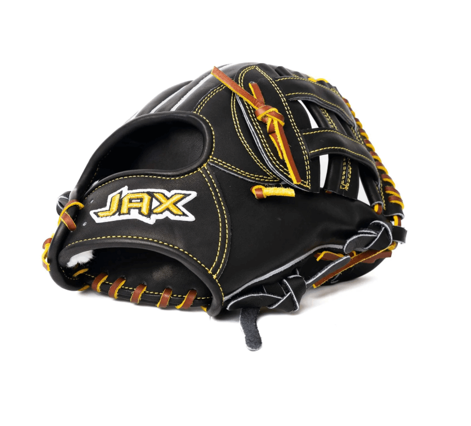 Side backhand view of Jax EN-7 Fielding Glove Black H Web 11.5-inch.