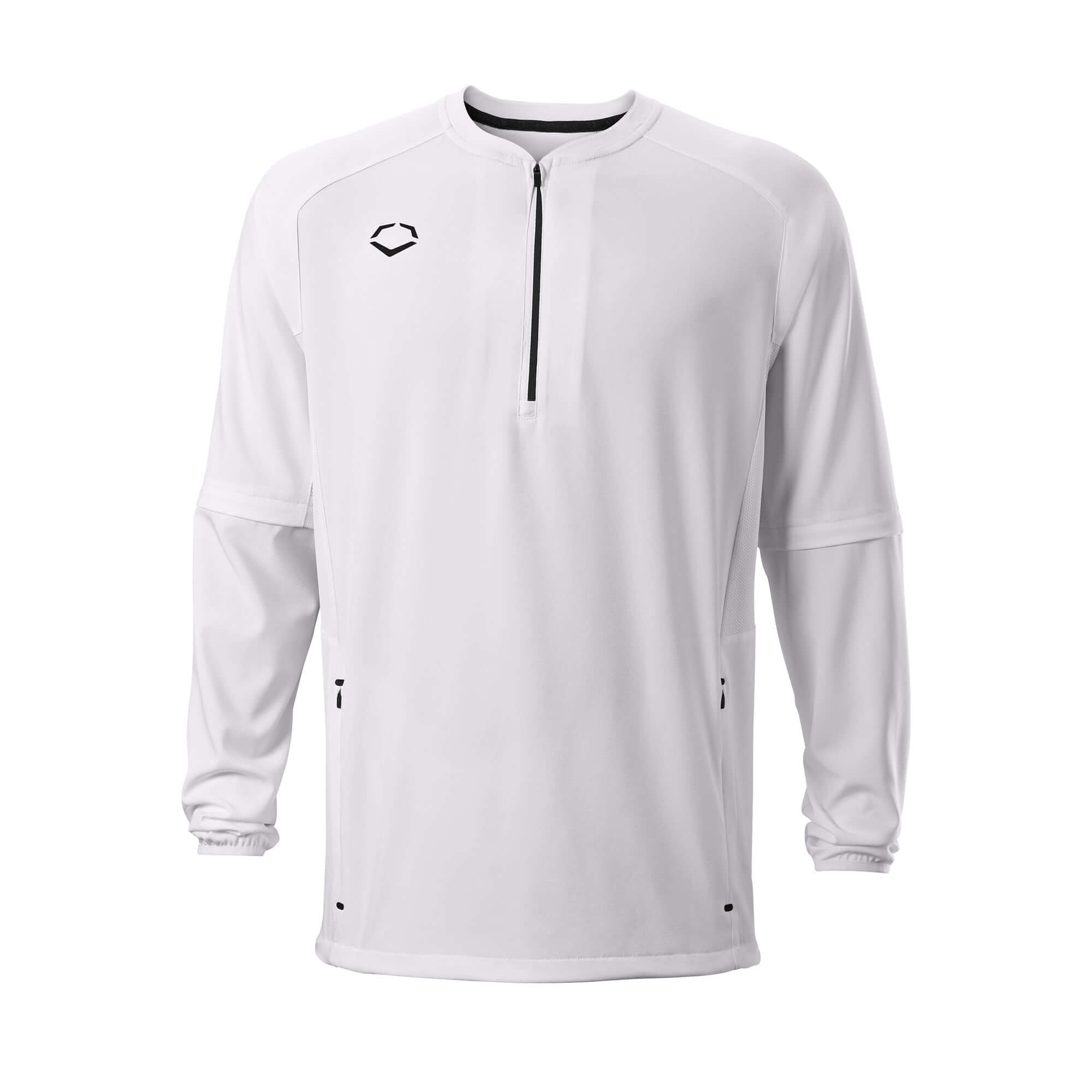 Evoshield Adult Long Sleeve BP Jacket in Team White with removable sleeves and mesh inserts for breathability.