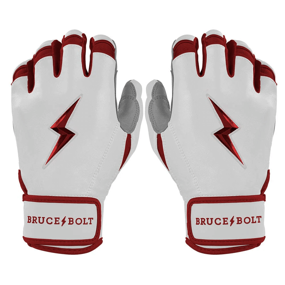 Back hand views of Bruce Bolt Premium Pro Chrome Short Cuff Batting Gloves in rich maroon with chrome detailing.