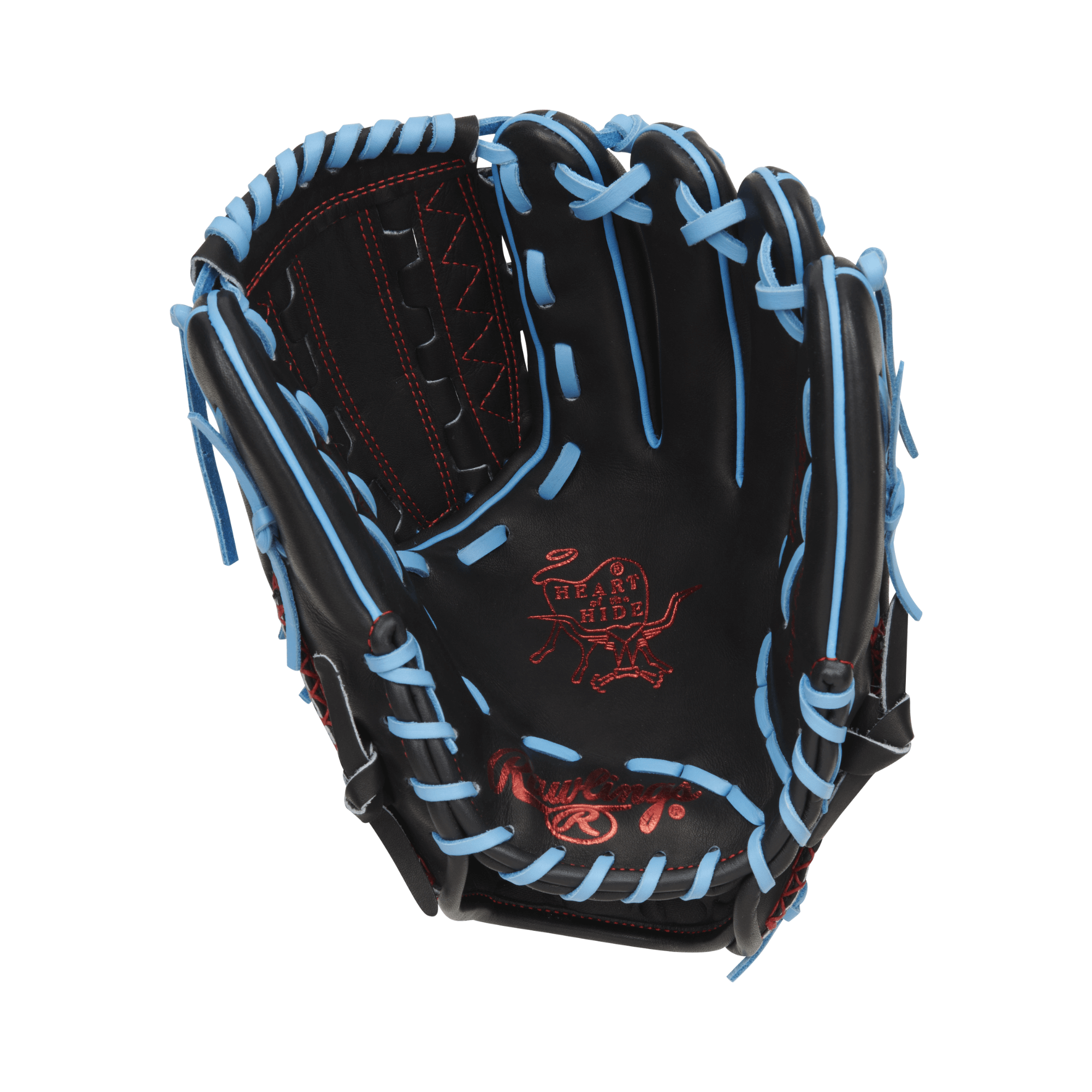 Rawlings Heart of the Hide Color Sync 8.0 baseball glove, black with blue laces, 11.75 inches, PRO205-12BCB design.