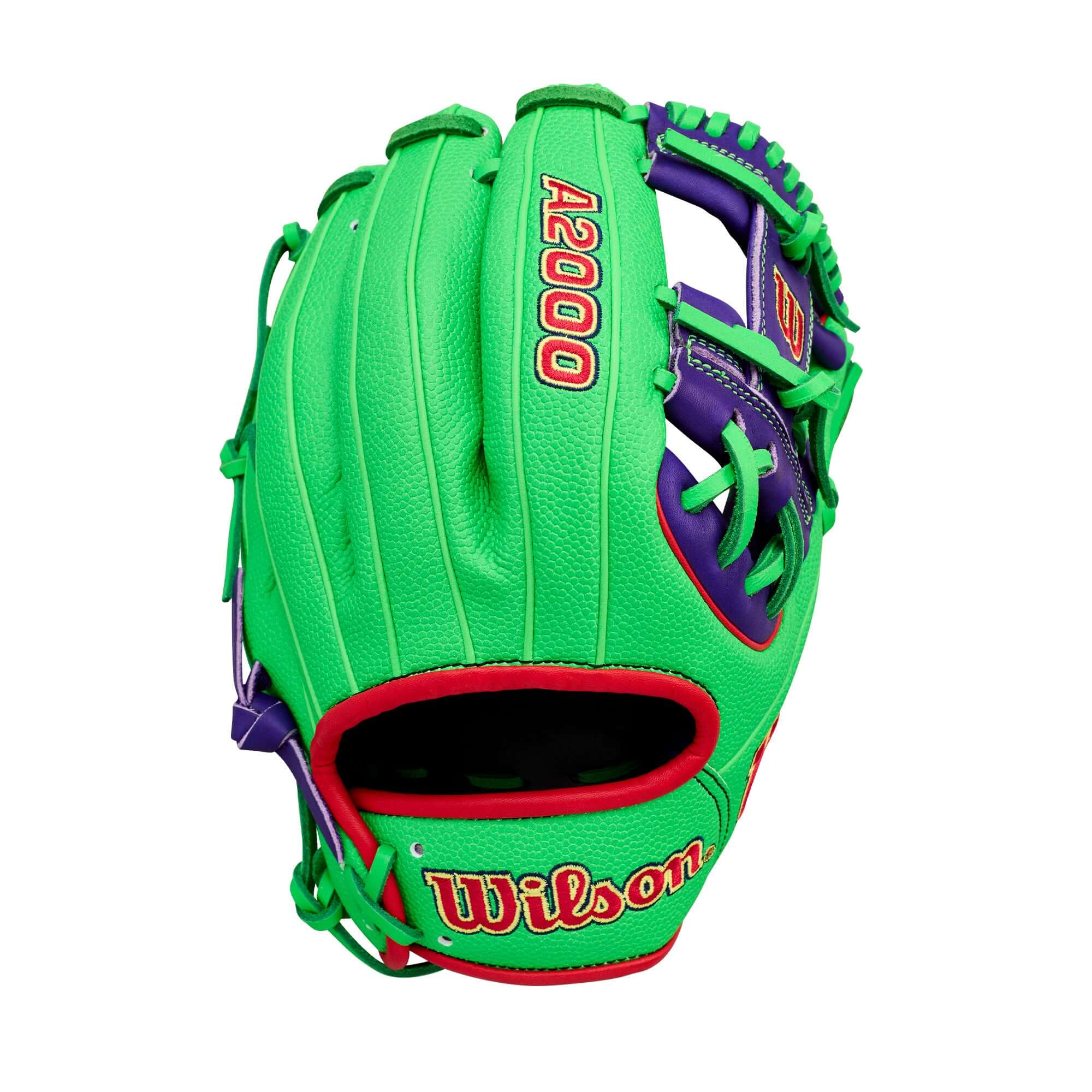Wilson Swingin’ Sour Apple A2000 1786 11.5" Infield Baseball Glove backhand view, green with purple lacing and patch.