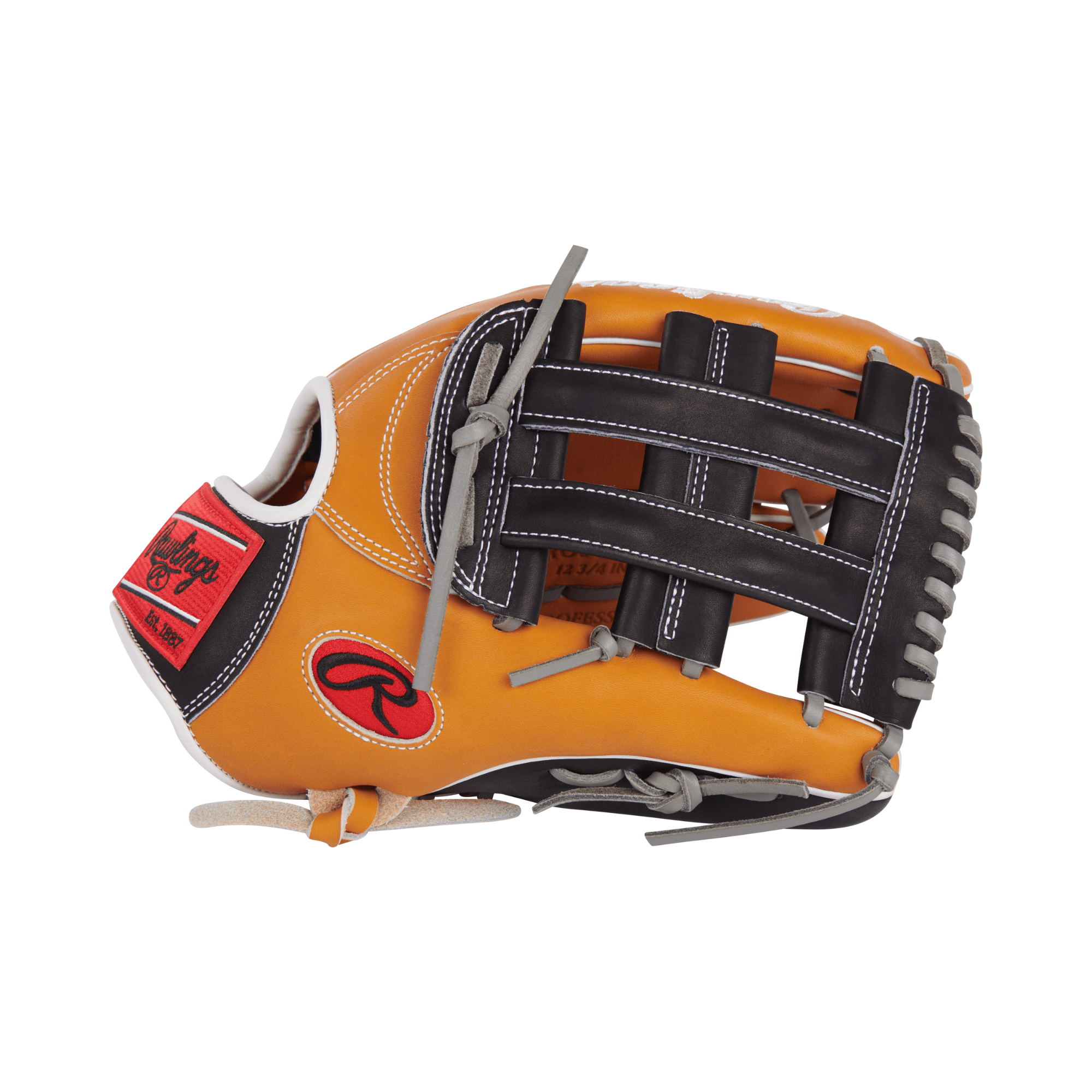 Rawlings Gold Glove Club RGGC 12.75 inch outfield glove in orange and black, featuring Heart of the Hide leather and Pro HTM web design.
