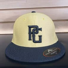 Gold and navy flat bill cap featuring the Perfect Game logo, perfect for athletes and sports enthusiasts.