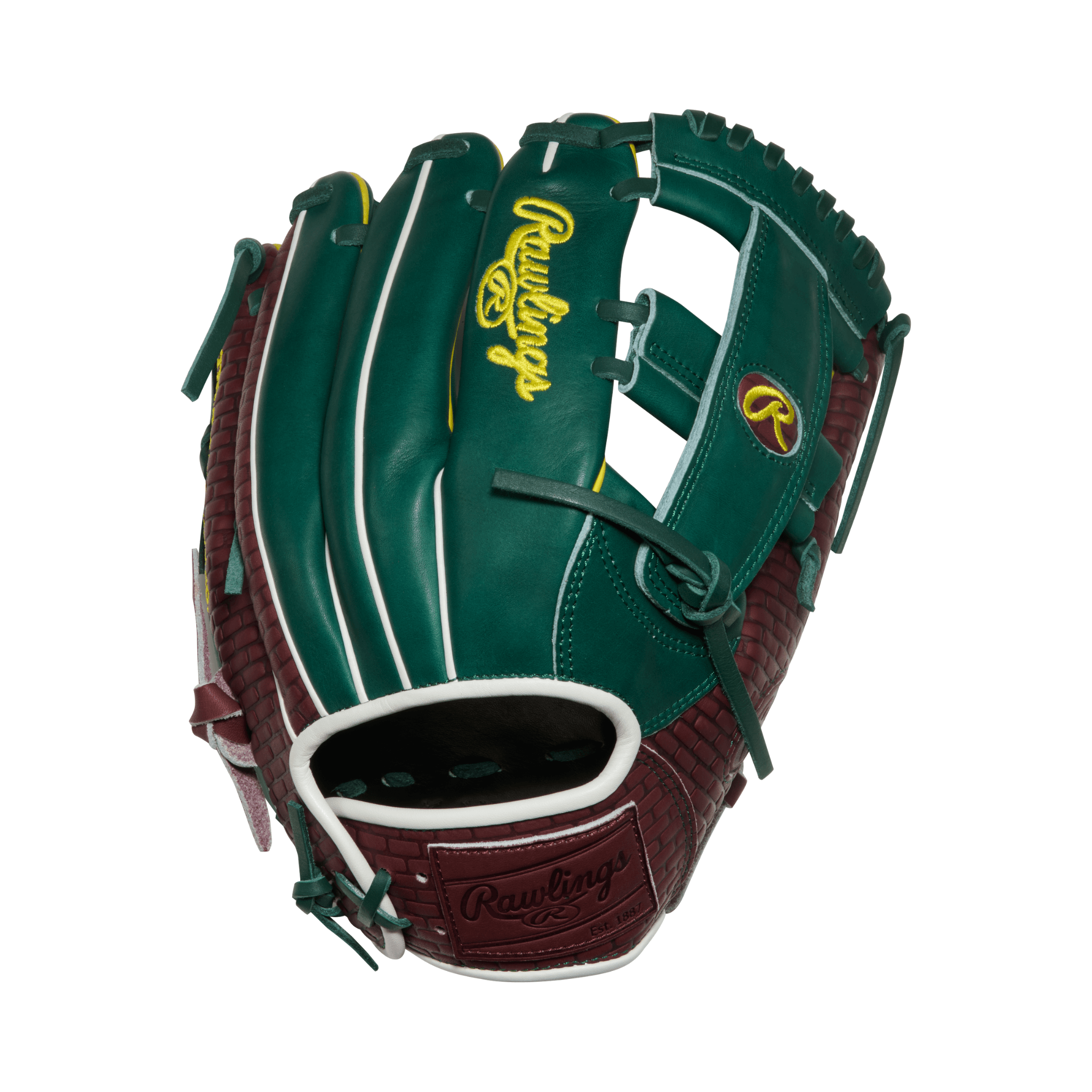 Rawlings Sept 2025 Gold Glove Club PRORNP5-13DG 11.75" glove back view highlighting brick stamp and leather patch.