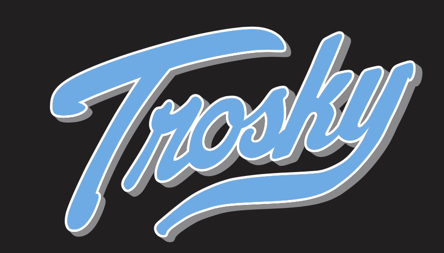 Trosky brand logo in light blue cursive lettering on a black background.