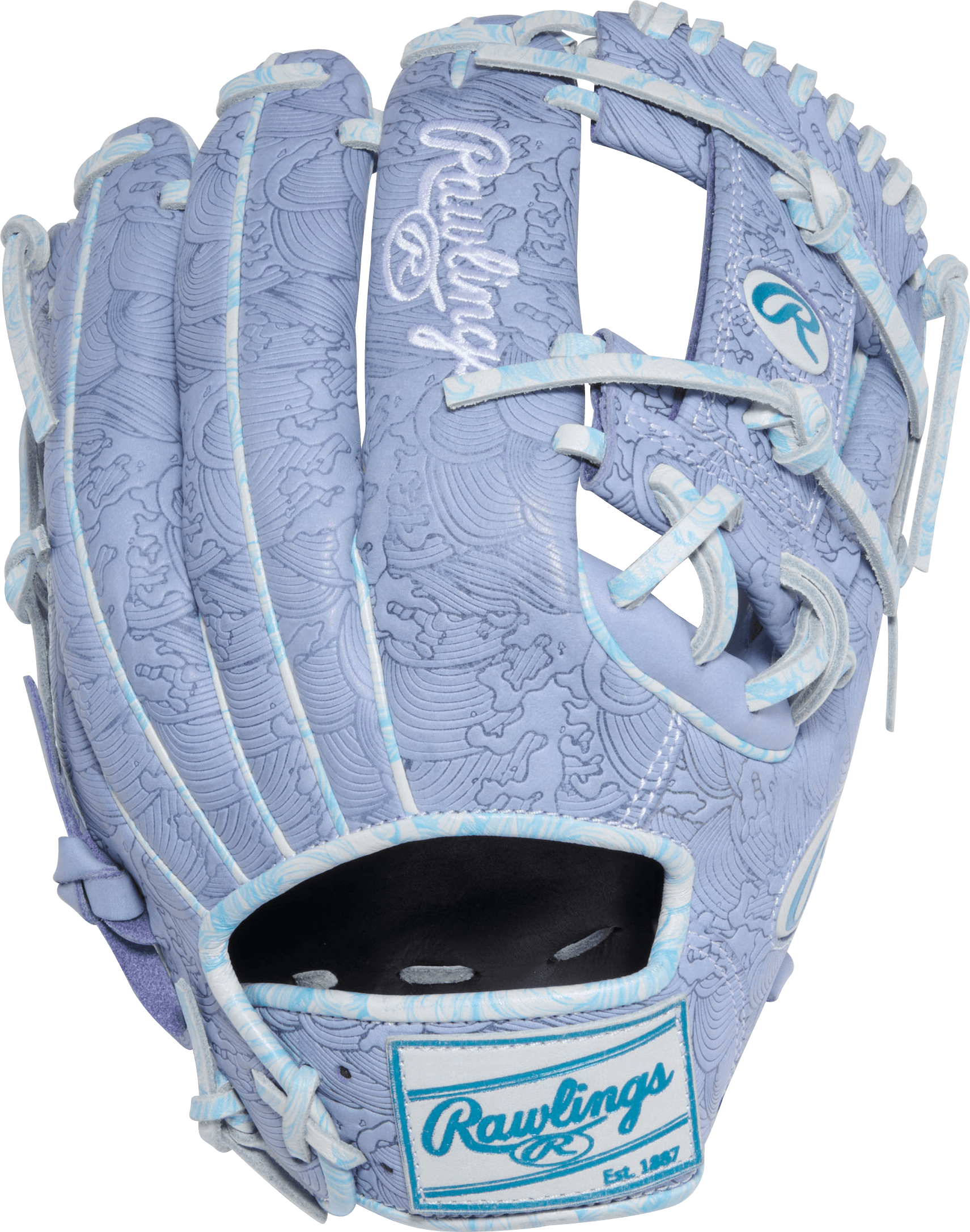 Backhand view of Rawlings May 2026 Gold Glove Club RGGC (GOTM) PROR2175-2PEW 11.75" Baseball Glove showing periwinkle color.
