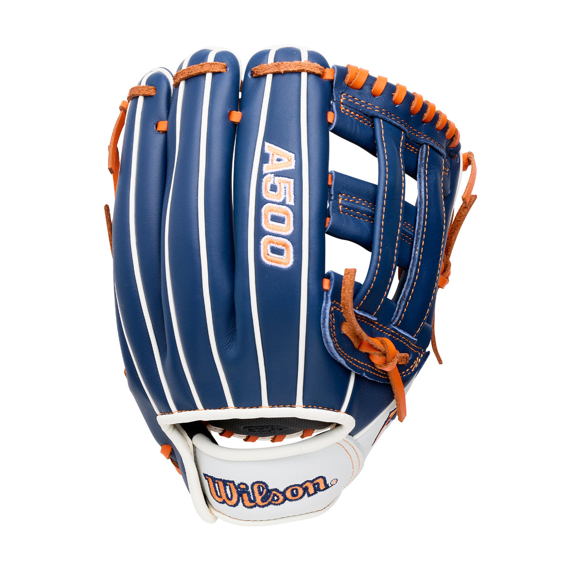Wilson 2027 A500 10.5 Youth Baseball Glove, blue with orange lacing, perfect for young infielders aged 6-10, lightweight and easy to control.