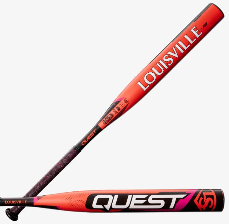 Louisville FP QUEST (-12) bat side and barrel view showing red alloy barrel and logos.