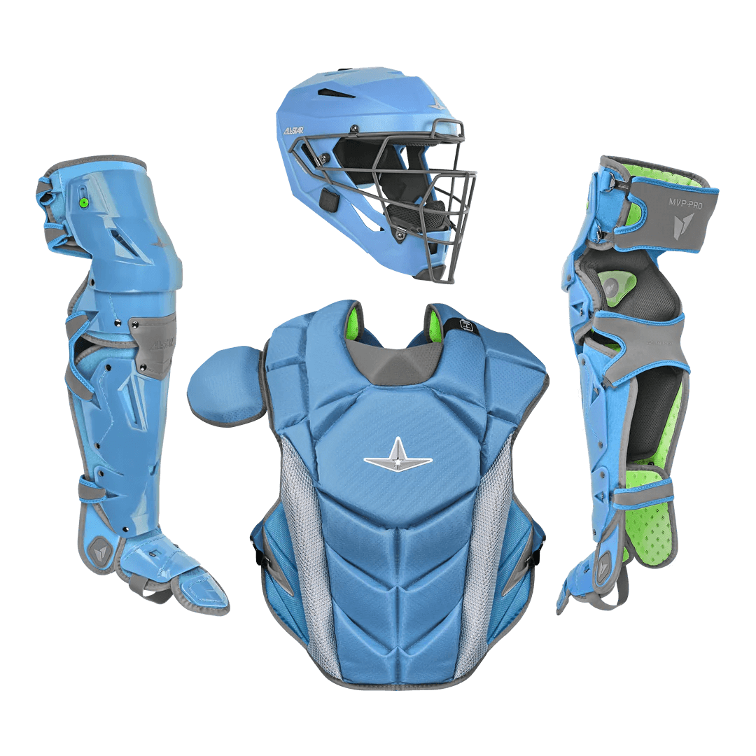 All-Star MVP-PRO™ Series Adult Catcher's Kit in blue, featuring helmet, chest protector, and leg guards for maximum protection.