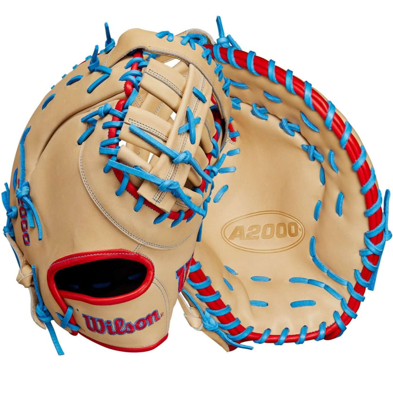 Main image of Wilson Spring 2025 A2000 1677 First Base Mitt Blonde/Red/Blue shown front and back.