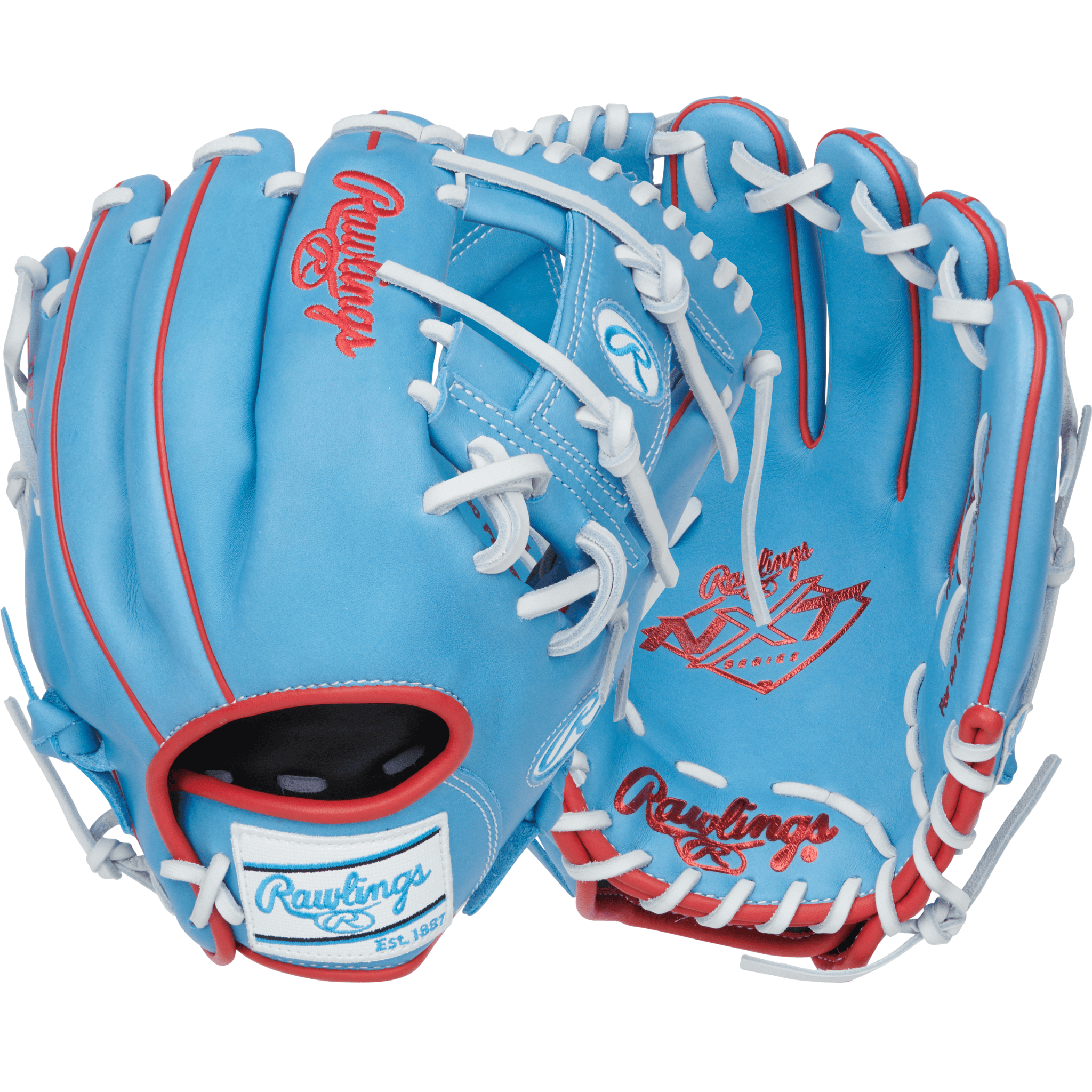 Front and back views of the Rawlings NXT 11.75" infield glove in Columbia Blue and Scarlet leather with bold red laces.