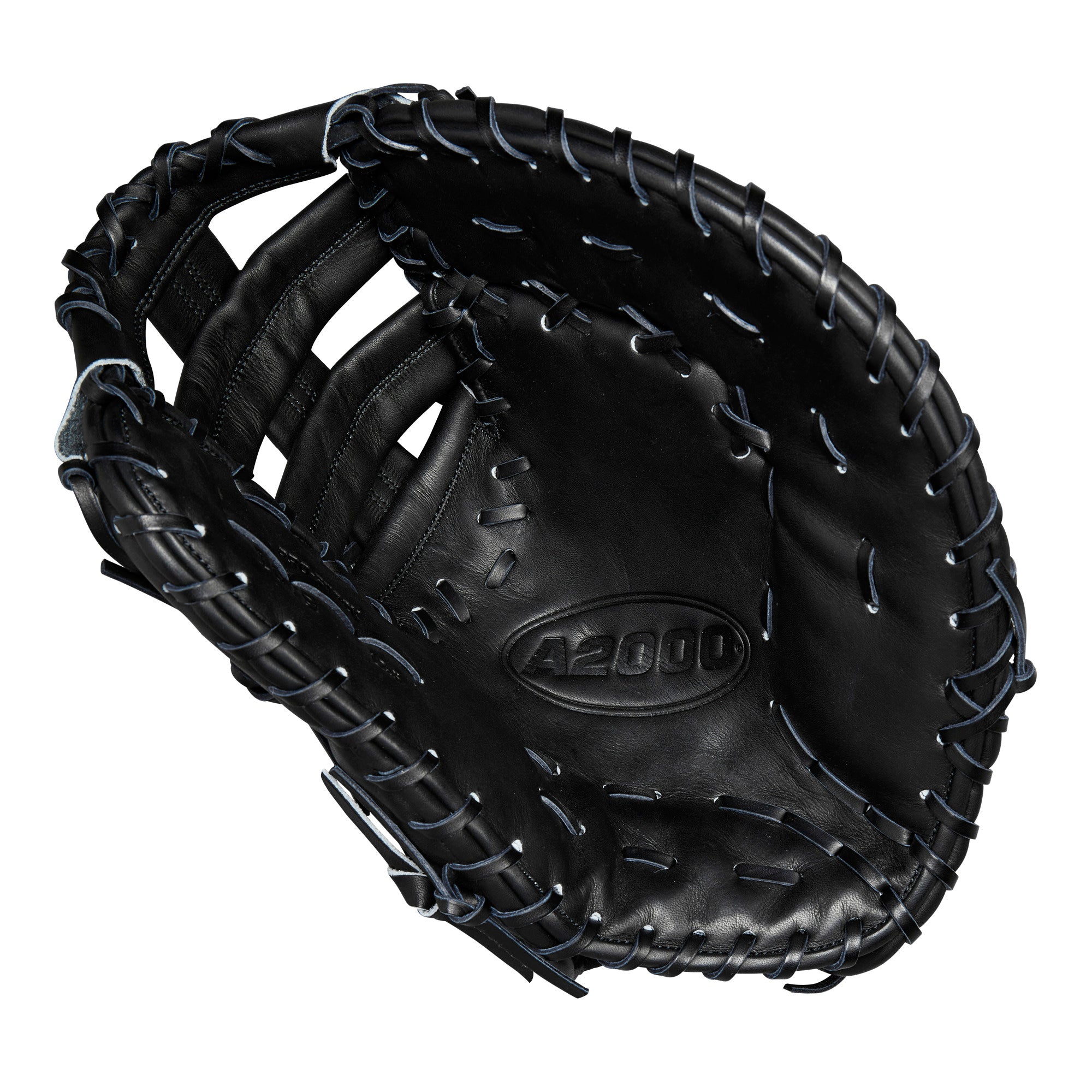 Wilson 2024 A2000 1679 Glove Day Black 12.5” first base mitt palm view with deep pocket design.