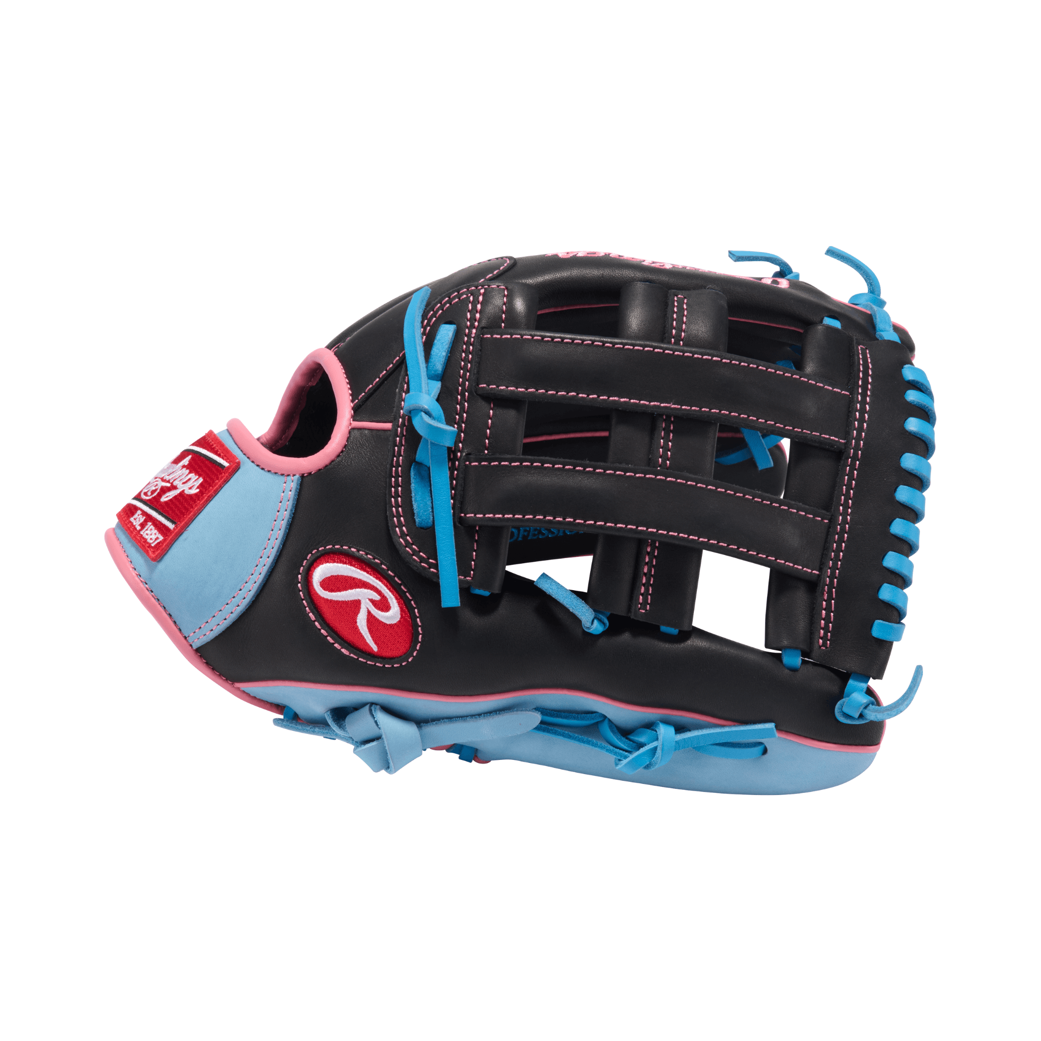 Rawlings R9 12.75" Outfield Baseball Glove in Black, Columbia Blue, and Pink for left-handed players.