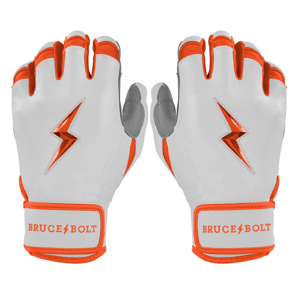 Main image of Bruce Bolt Youth Premium Pro Chrome Short Cuff Batting Gloves Orange on both hands