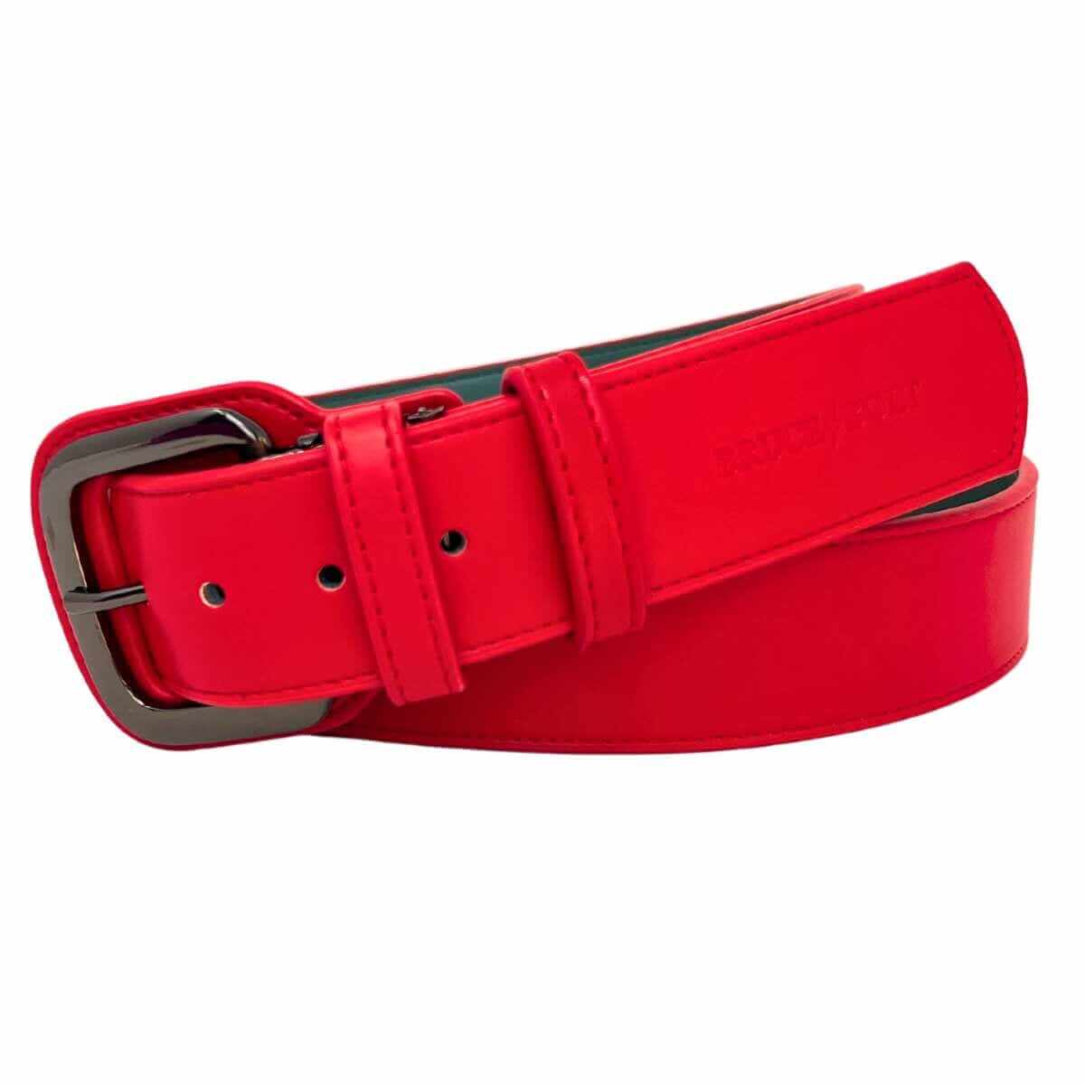 Bruce Bolt Adjustable Red Belt showcasing a durable Cutis Vera synthetic leather design and robust alloy buckle.