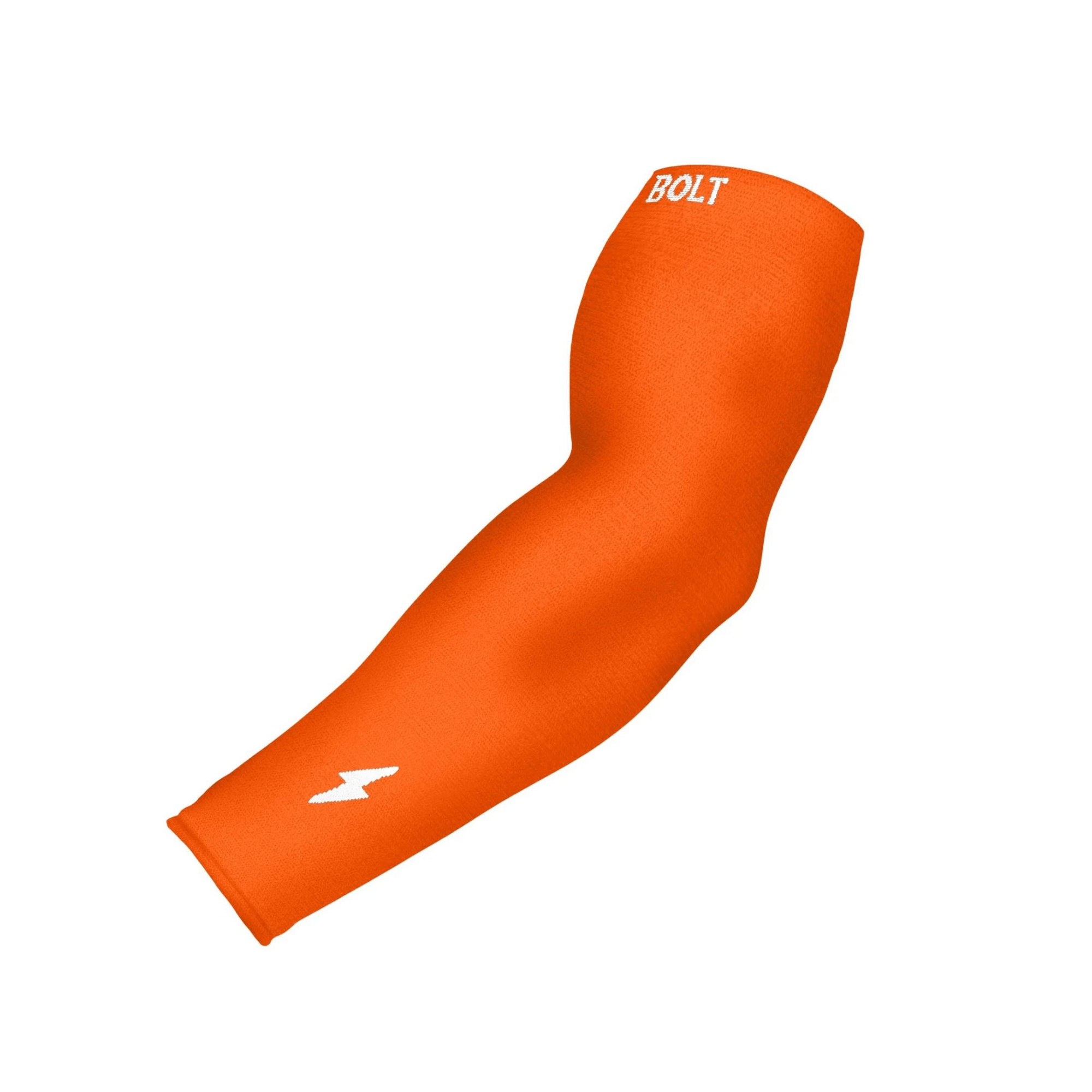 Bruce Bolt orange graduated compression arm sleeve for enhanced performance and muscle support during sports activities.