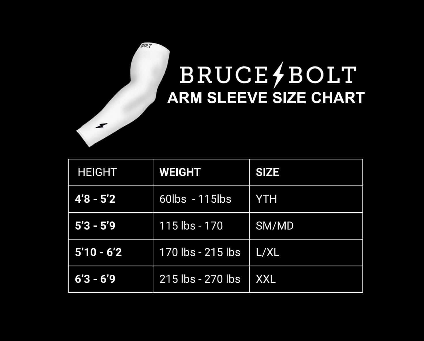 Bruce Bolt arm sleeve size chart for youth and adult sizes based on height and weight measurements.