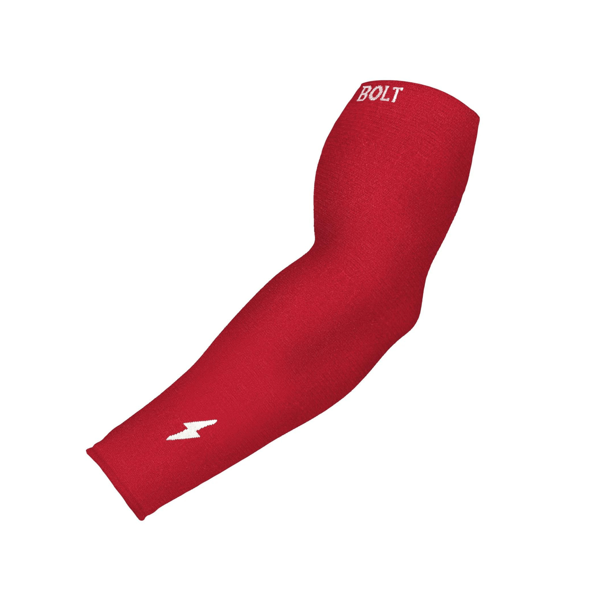 Red Bruce Bolt graduated compression arm sleeve designed for increased blood flow and muscle support during sports activities.