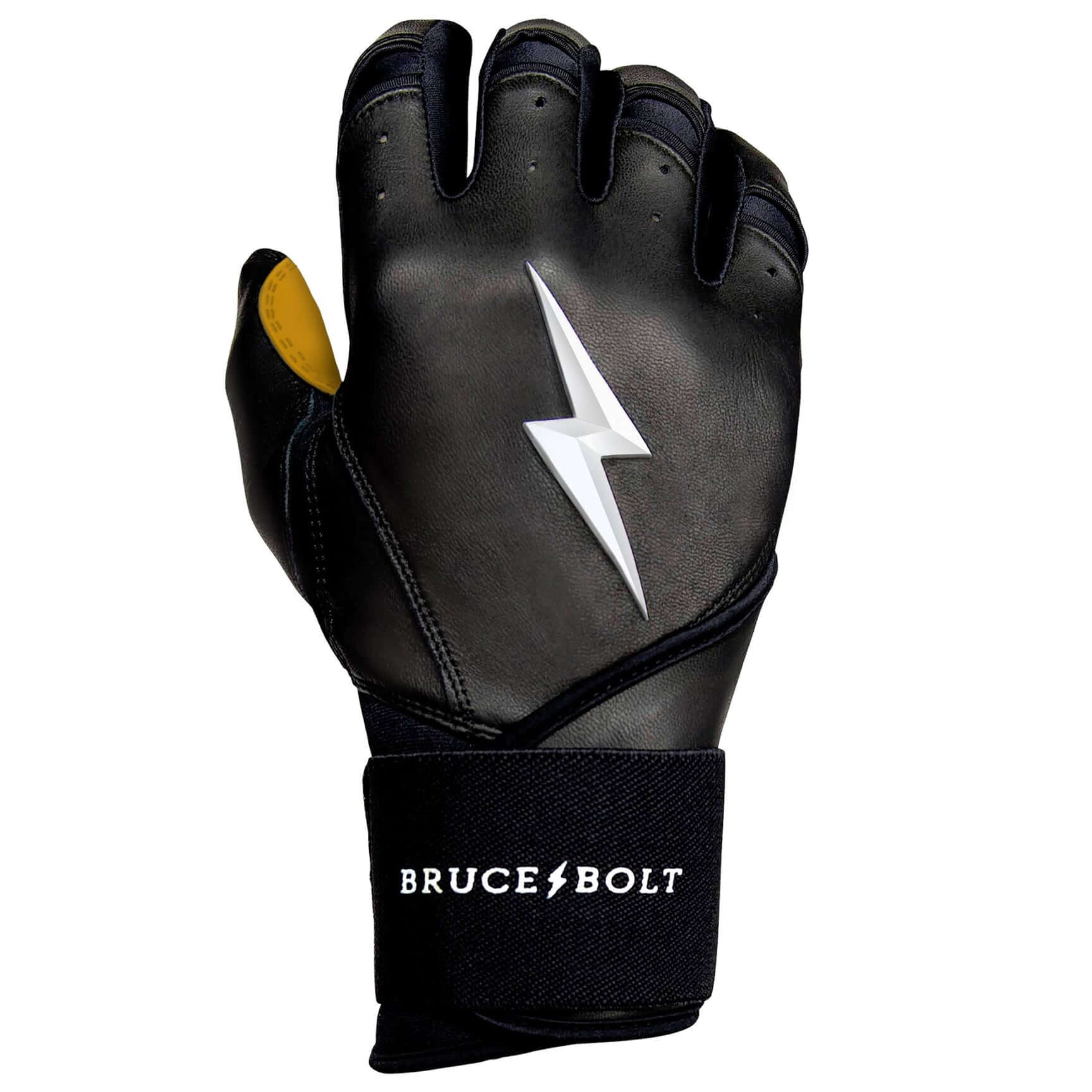 Bruce Bolt Premium Pro Long Cuff Batting Gloves in black with signature logo and reinforced palm for enhanced performance.