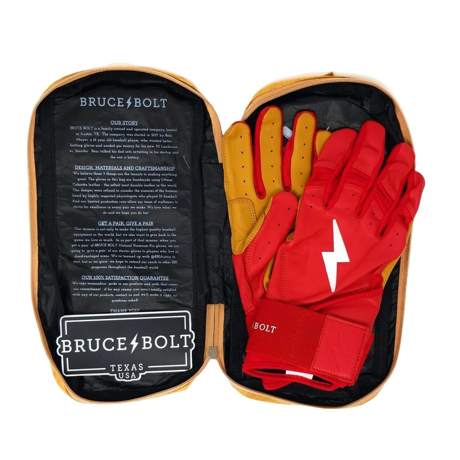 Bruce Bolt Youth Premium Pro Long Cuff Batting Gloves in red, presented in a branded storage case, showcasing quality craftsmanship.