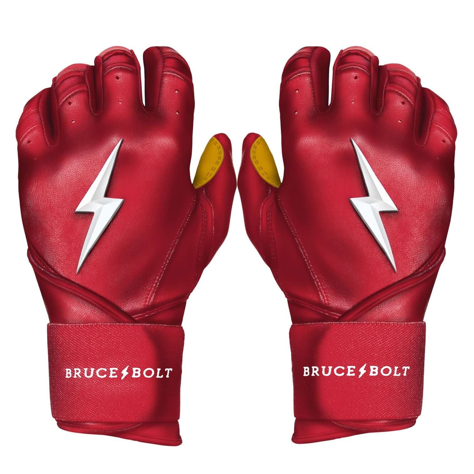 Bruce Bolt Youth Premium Pro Long Cuff Batting Gloves in red with lightning bolt design for enhanced grip and performance.