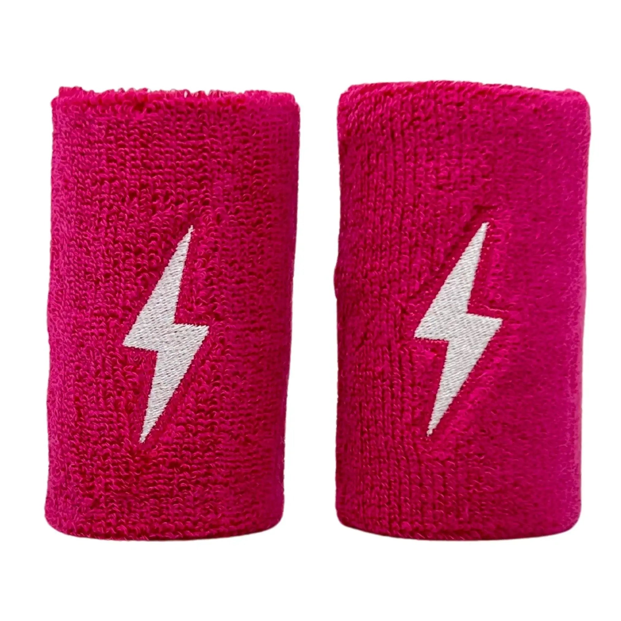 Bruce Bolt Premium Pro Wrist Bands in vibrant pink with white lightning bolt design, made from super-soft terry cloth.