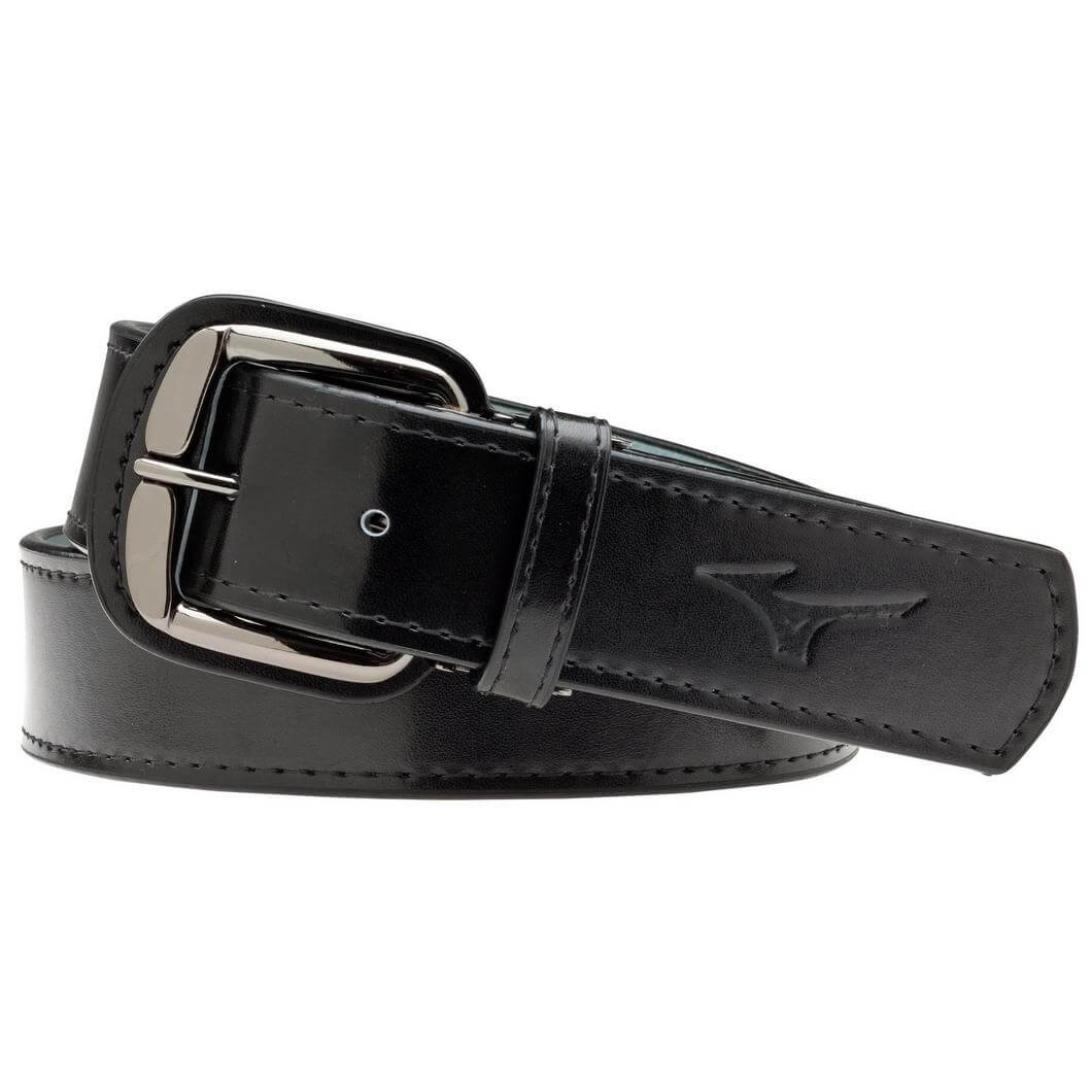 Mizuno Classic Leather Baseball Belt in black with polished metal buckle and cut-to-fit design for custom sizing.
