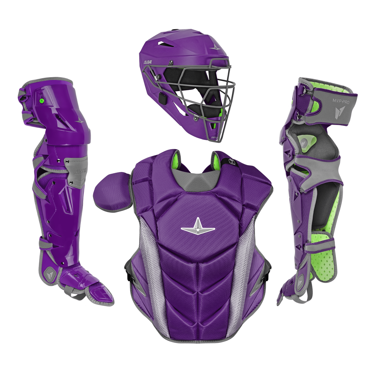 2027 All-Star MVP-Pro LT adult large catcher’s kit in purple/graphite – helmet, chest protector and leg guards