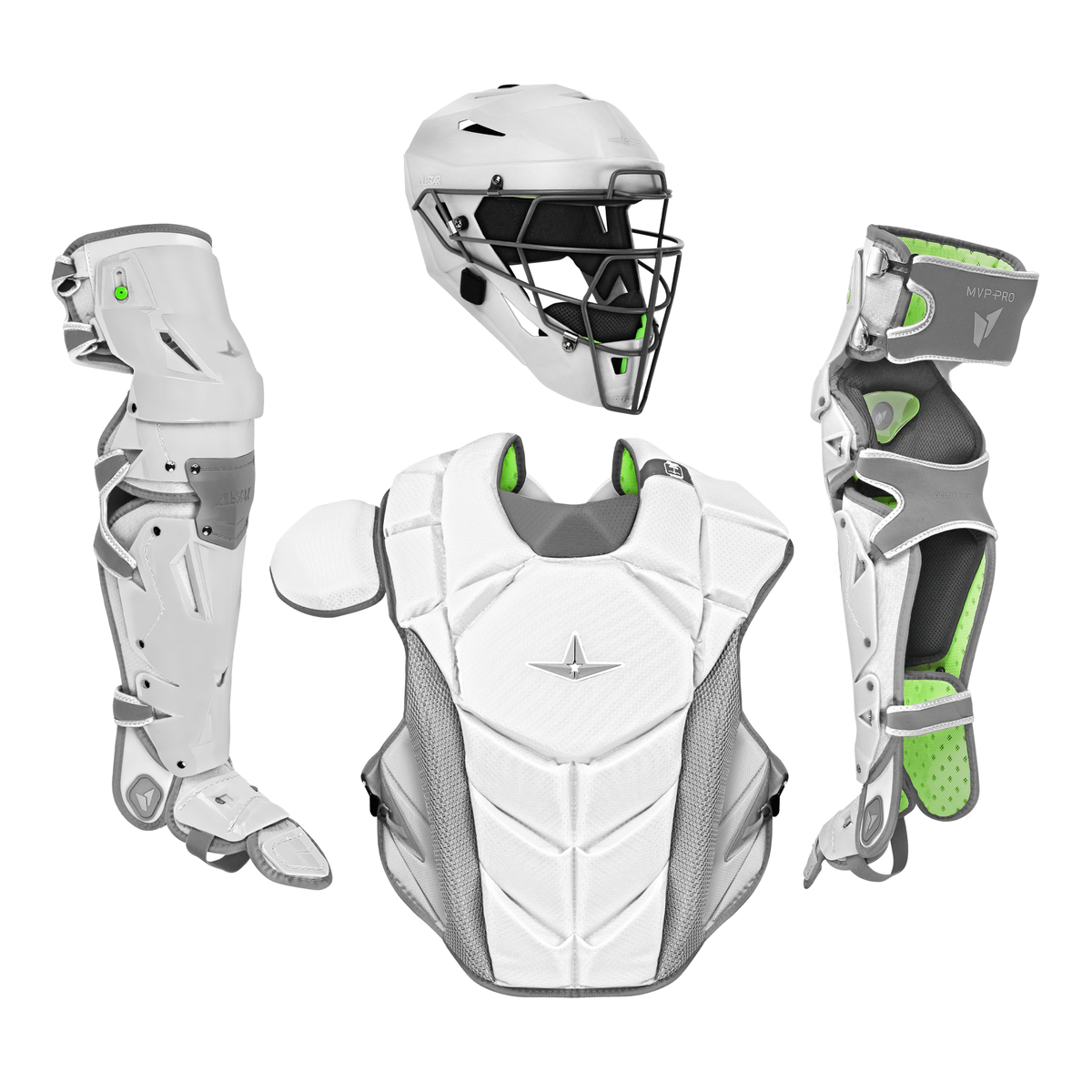 2027 All-Star MVP-Pro LT adult large catcher’s kit in white/graphite – helmet, chest protector and leg guards