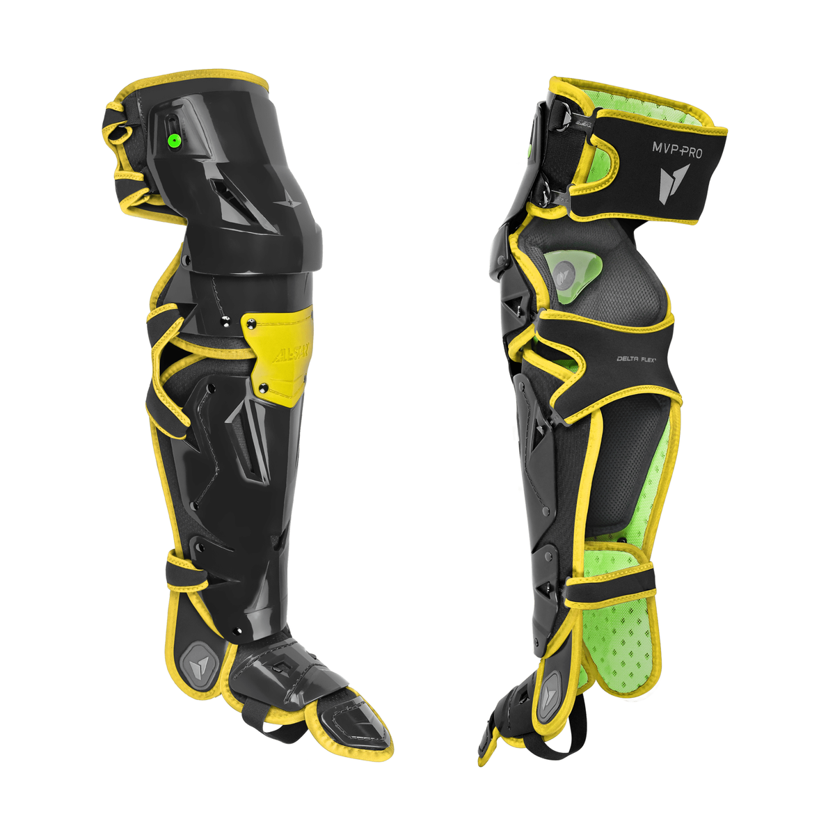 All-Star MVP-Pro adult large leg guards in black/gold – front and rear views