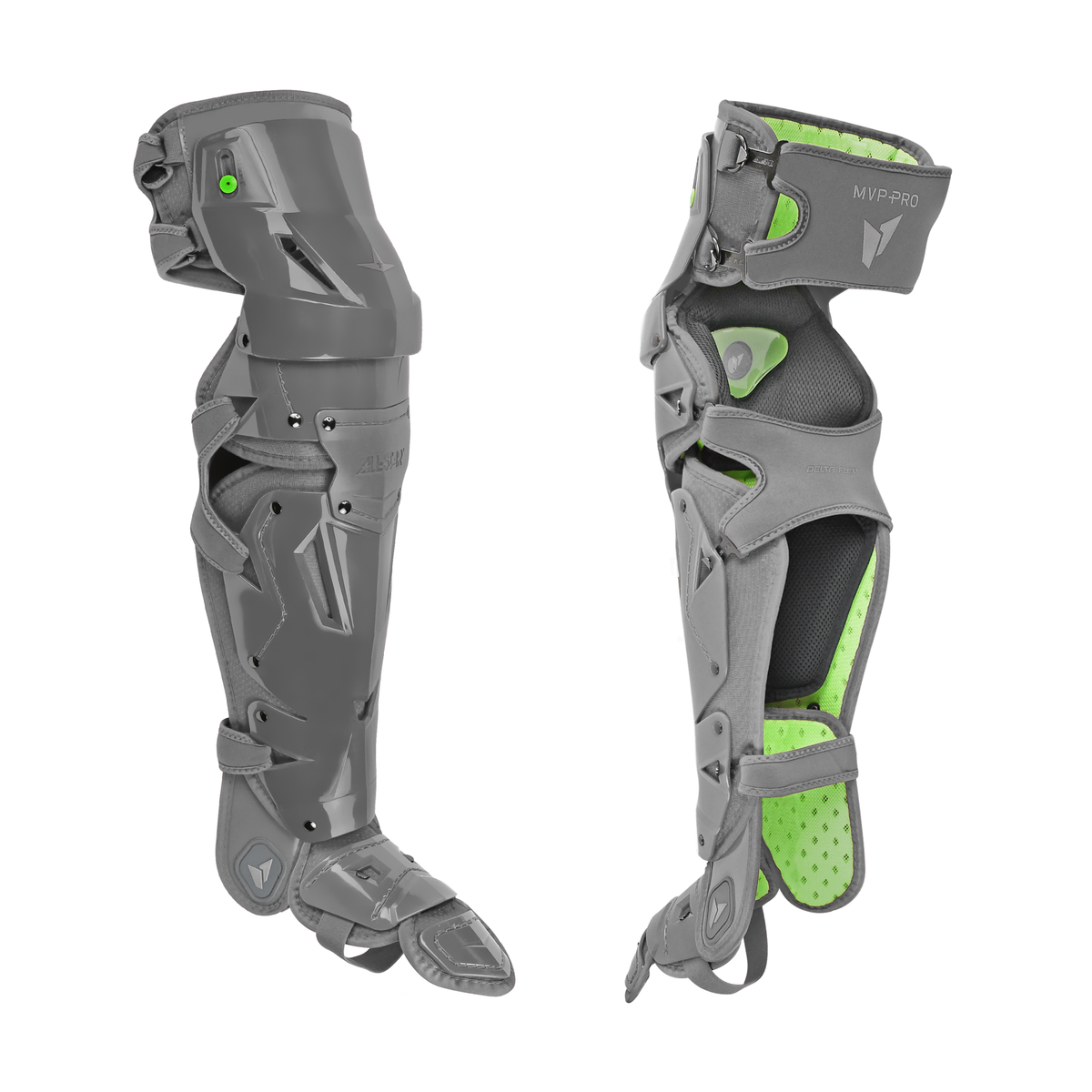 All-Star MVP-Pro adult large leg guards in graphite/graphite – front and rear views